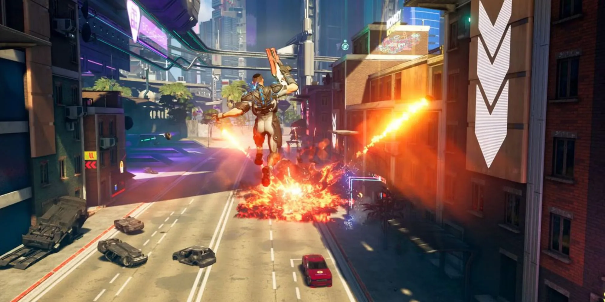 Nhân vật chạy trong thành phố New Providence của Crackdown 3, phía xa là tòa tháp TerraNova