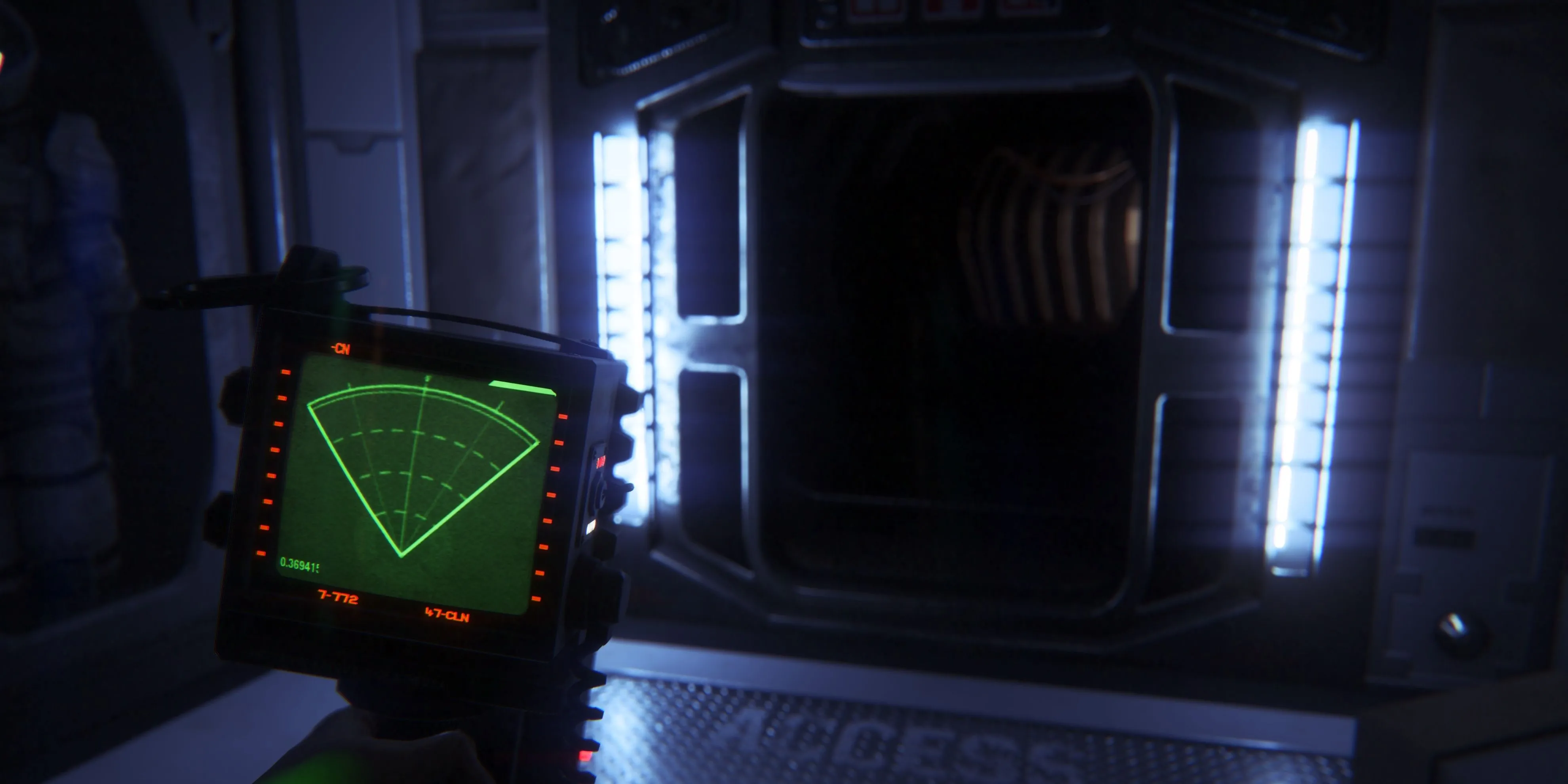 Nhân vật chính Amanda Ripley sử dụng bộ theo dõi chuyển động trong game kinh dị sinh tồn Alien: Isolation, một công cụ dựa vào âm thanh để phát hiện mối nguy hiểm
