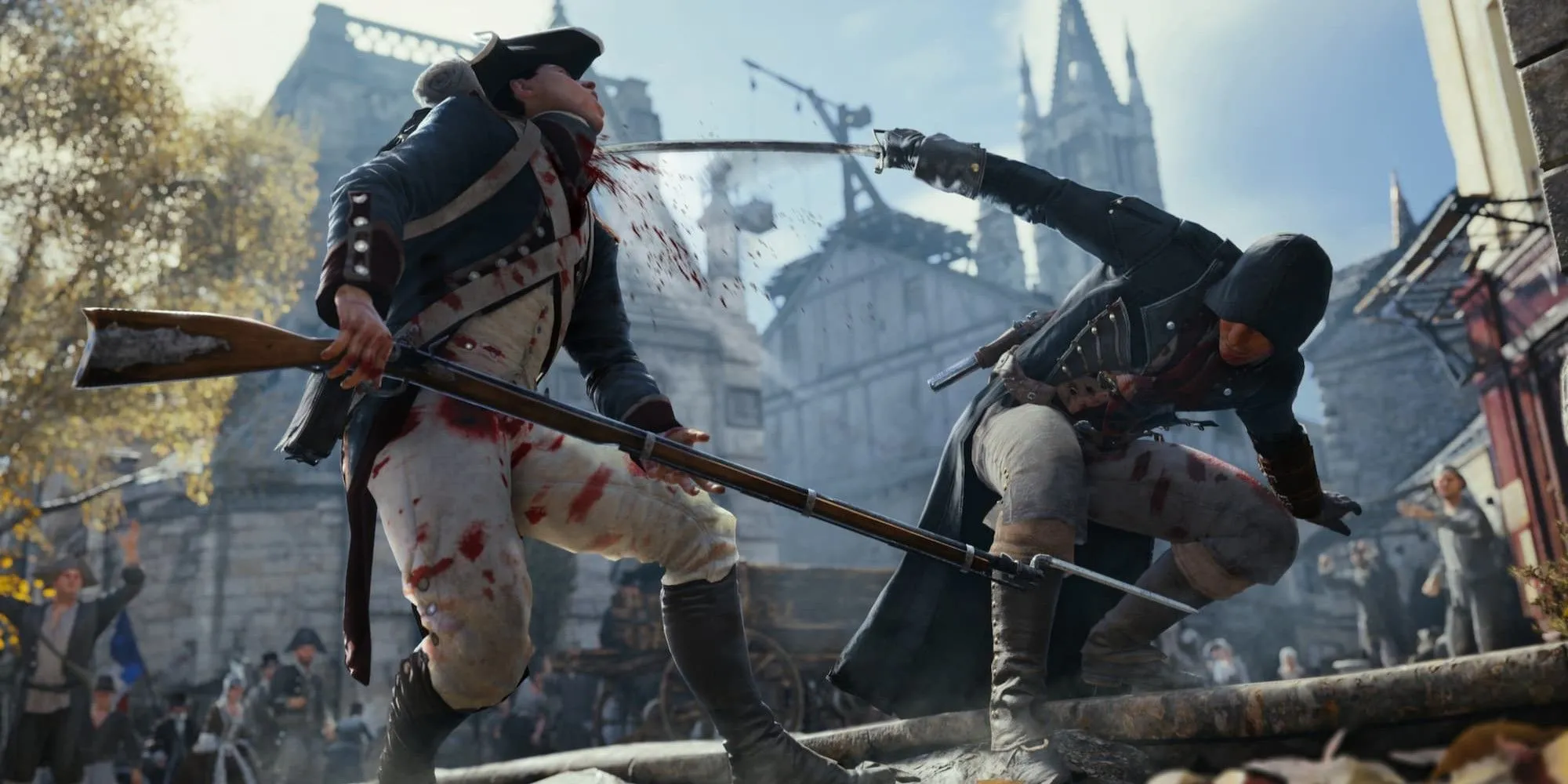 Nhân vật chính Arno Dorian lén lút tiếp cận một người lính từ phía sau trong Assassin's Creed Unity