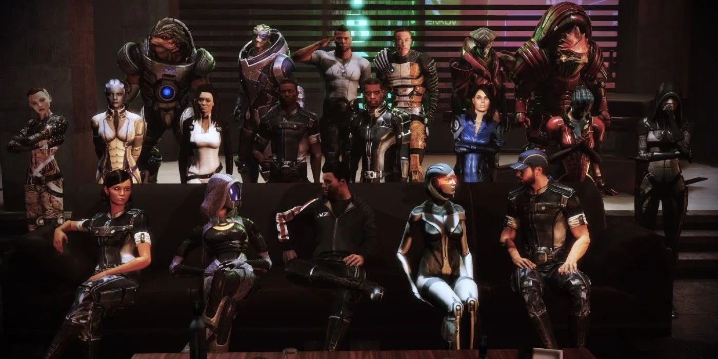 Nhân vật chính Commander Shepard và các đồng đội trong buổi tiệc trong DLC Citadel của Mass Effect 3.