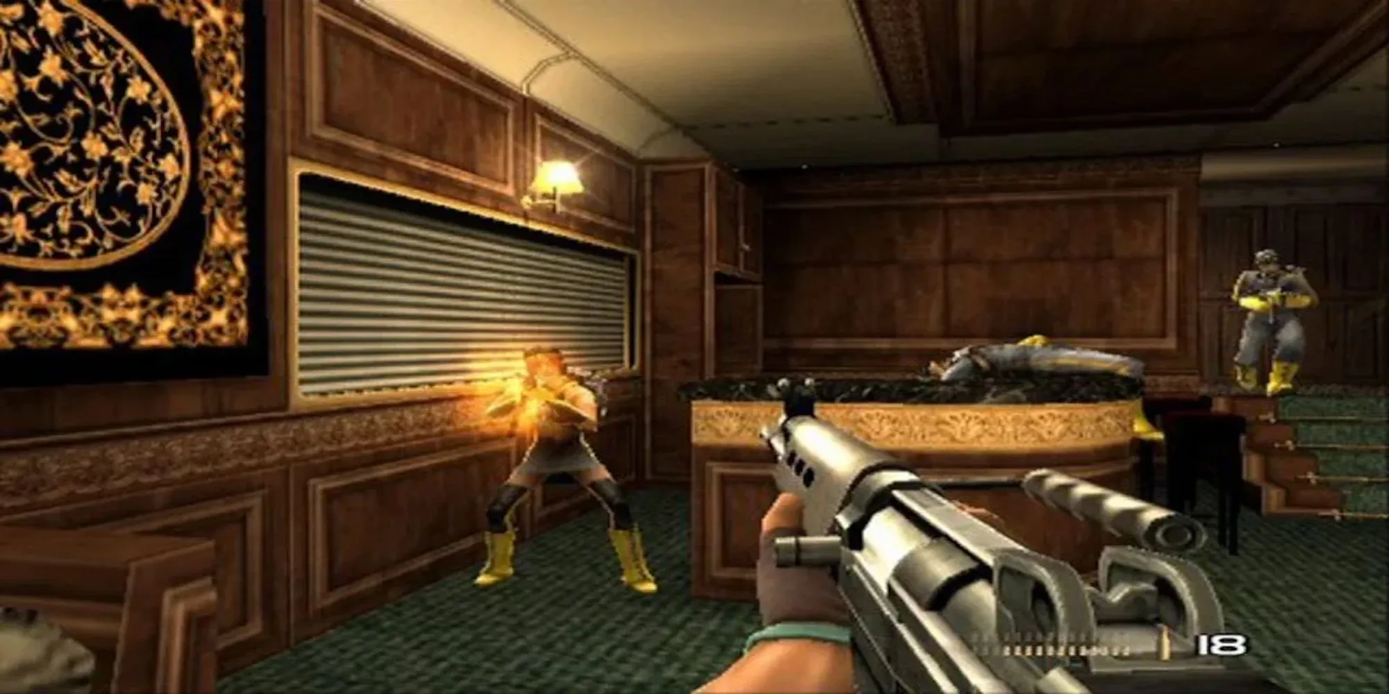 Nhân vật chính Cortez đang nhắm bắn trong một cảnh hành động của game Timesplitters: Future Perfect trên PS2
