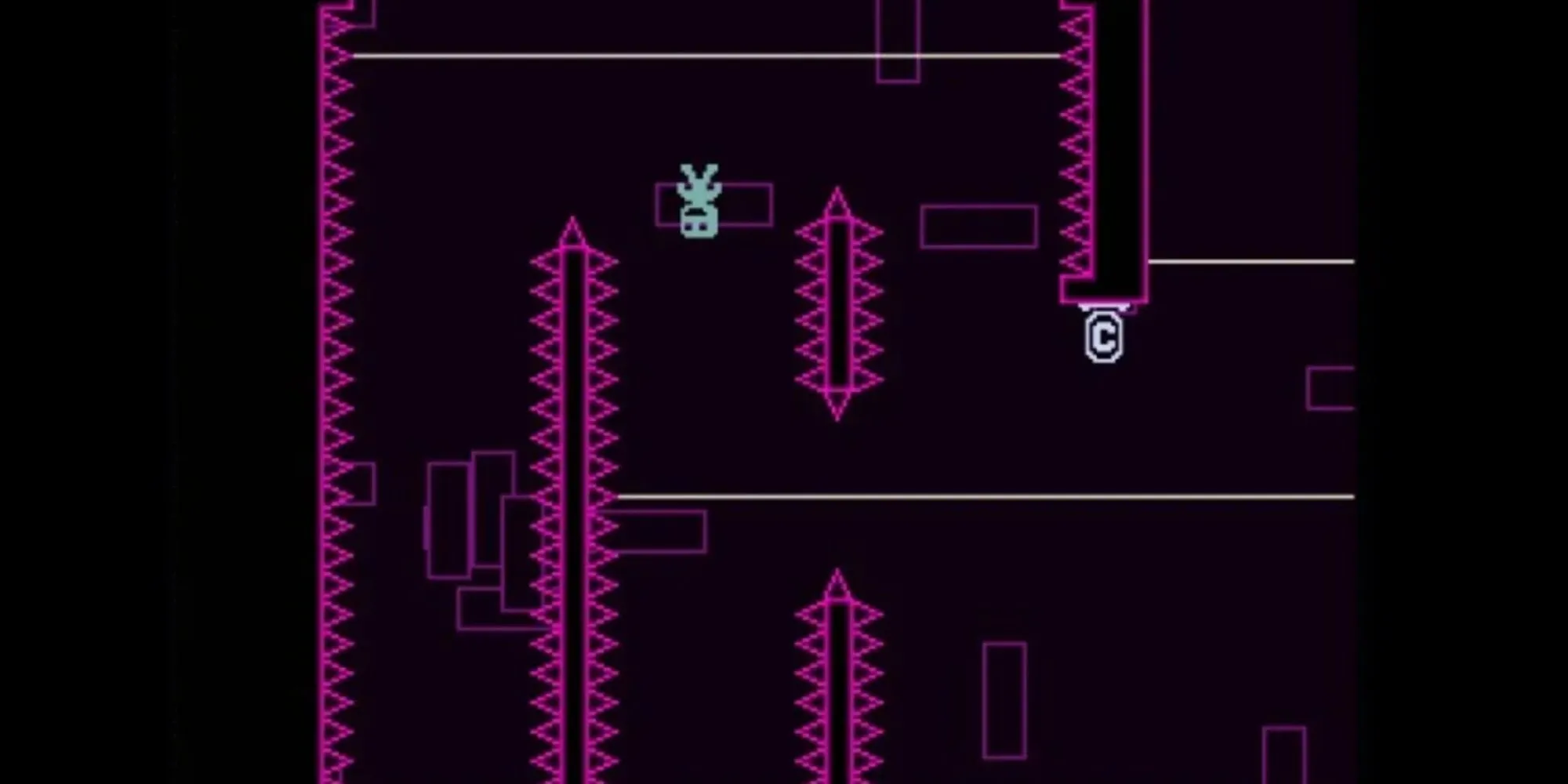 Nhân vật chính đổi trọng lực để di chuyển qua các chướng ngại vật trong game VVVVVV pixel art