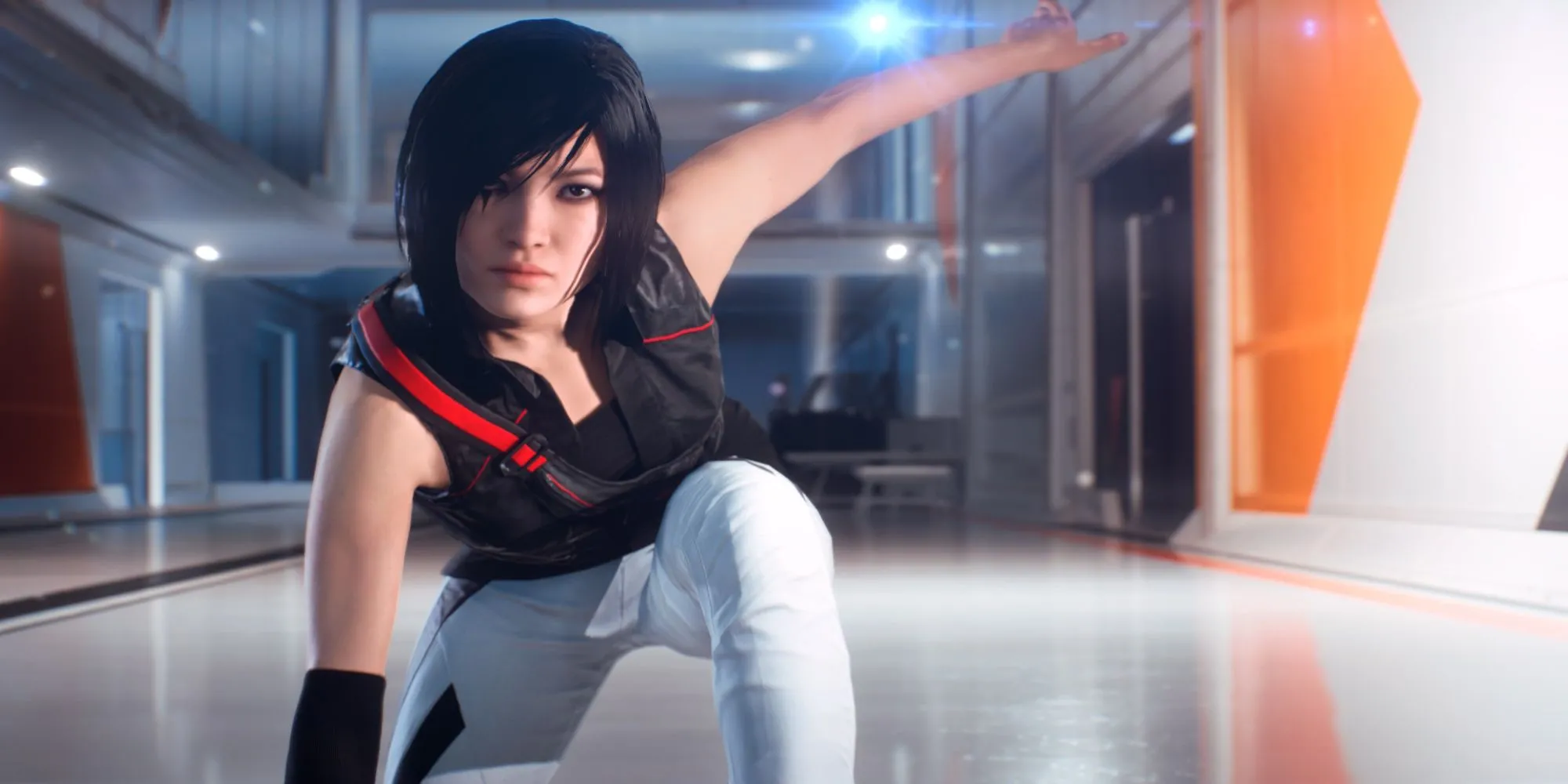 Nhân vật chính Faith đang thực hiện động tác parkour trên các tòa nhà cao tầng trong Mirror's Edge Catalyst