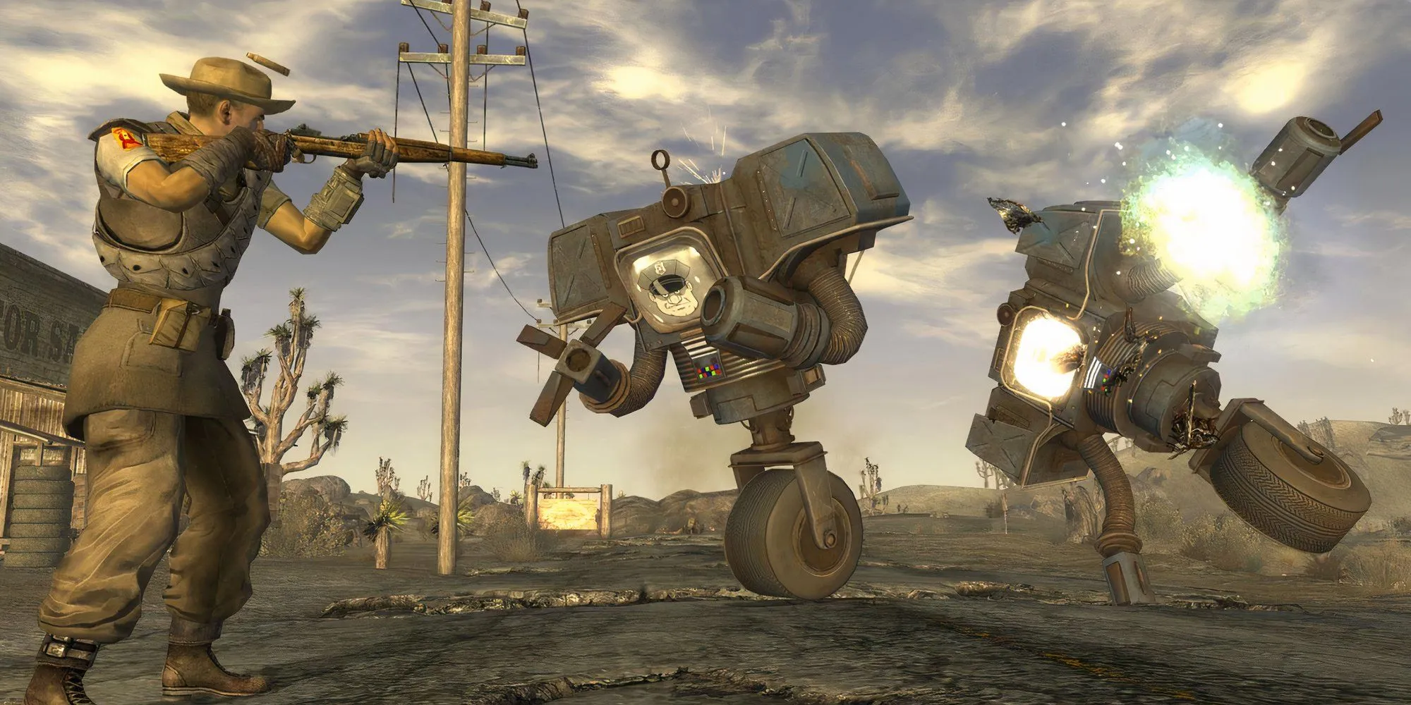 Nhân vật chính Fallout New Vegas đang dùng shotgun bắn hạ kẻ địch