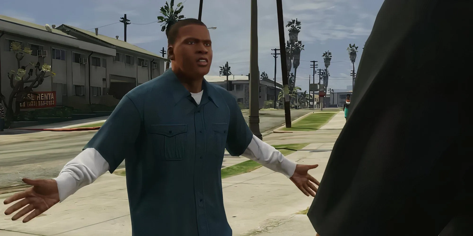 Nhân vật chính Franklin Clinton trong GTA 5 đang nói chuyện với ai đó ngoài đường phố