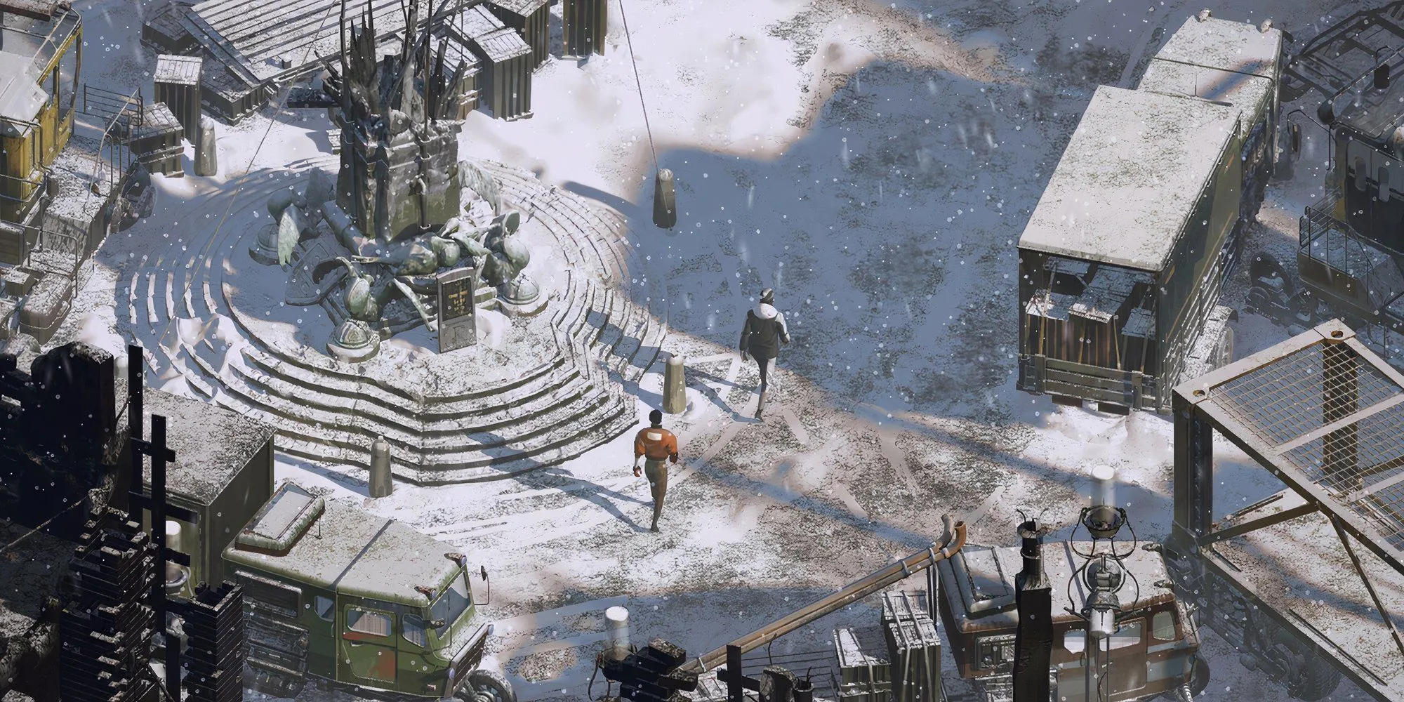 Nhân vật chính Harry Du Bois và cộng sự Kim Kitsuragi trong game Disco Elysium tại Martinaise mùa đông.