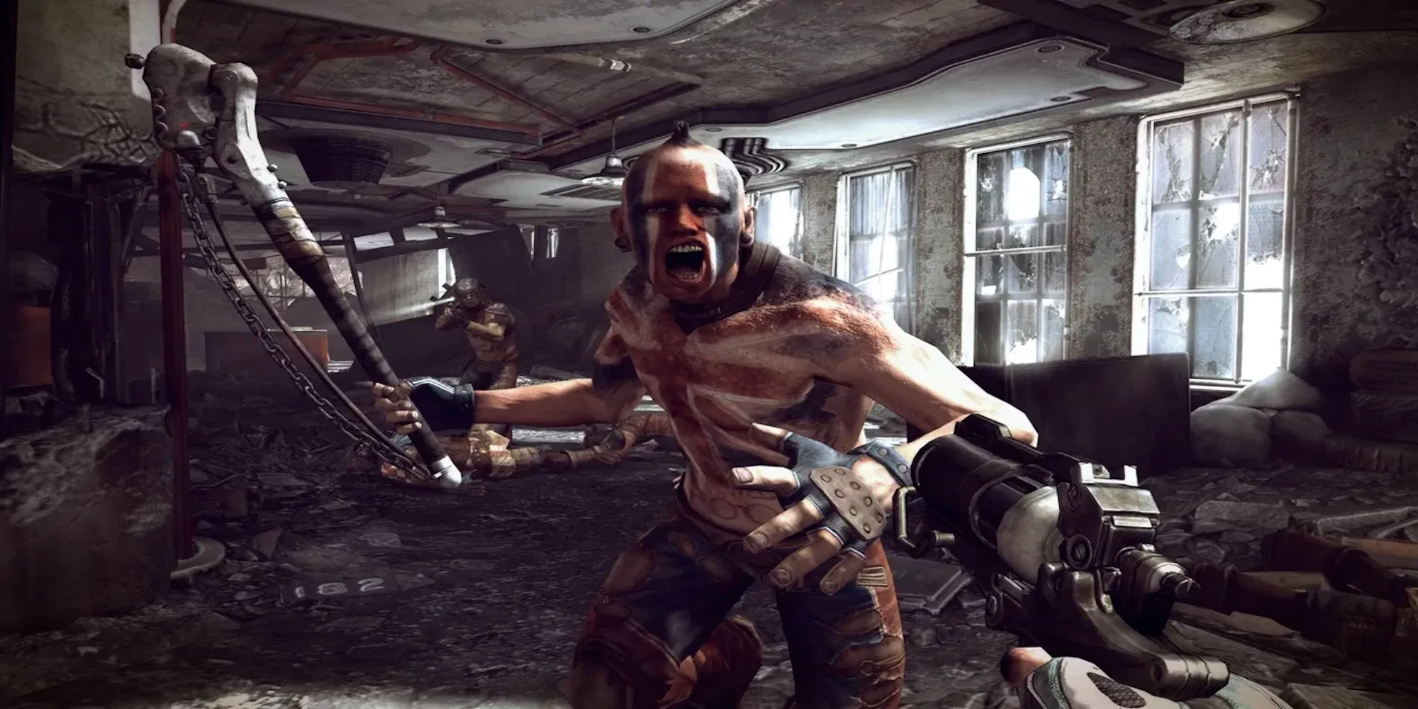 Nhân vật chính lái xe trong thế giới hậu tận thế của game FPS RAGE PS3
