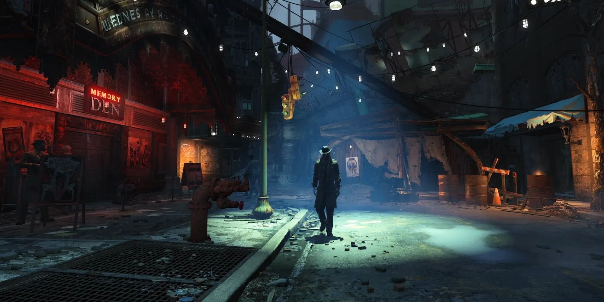 Nhân vật chính lén lút qua một con phố tối tăm đổ nát trong Fallout 4