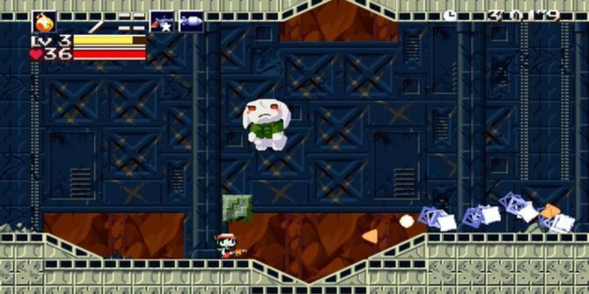 Nhân vật chính Quote trong Cave Story+ đang chiến đấu trong một hang động