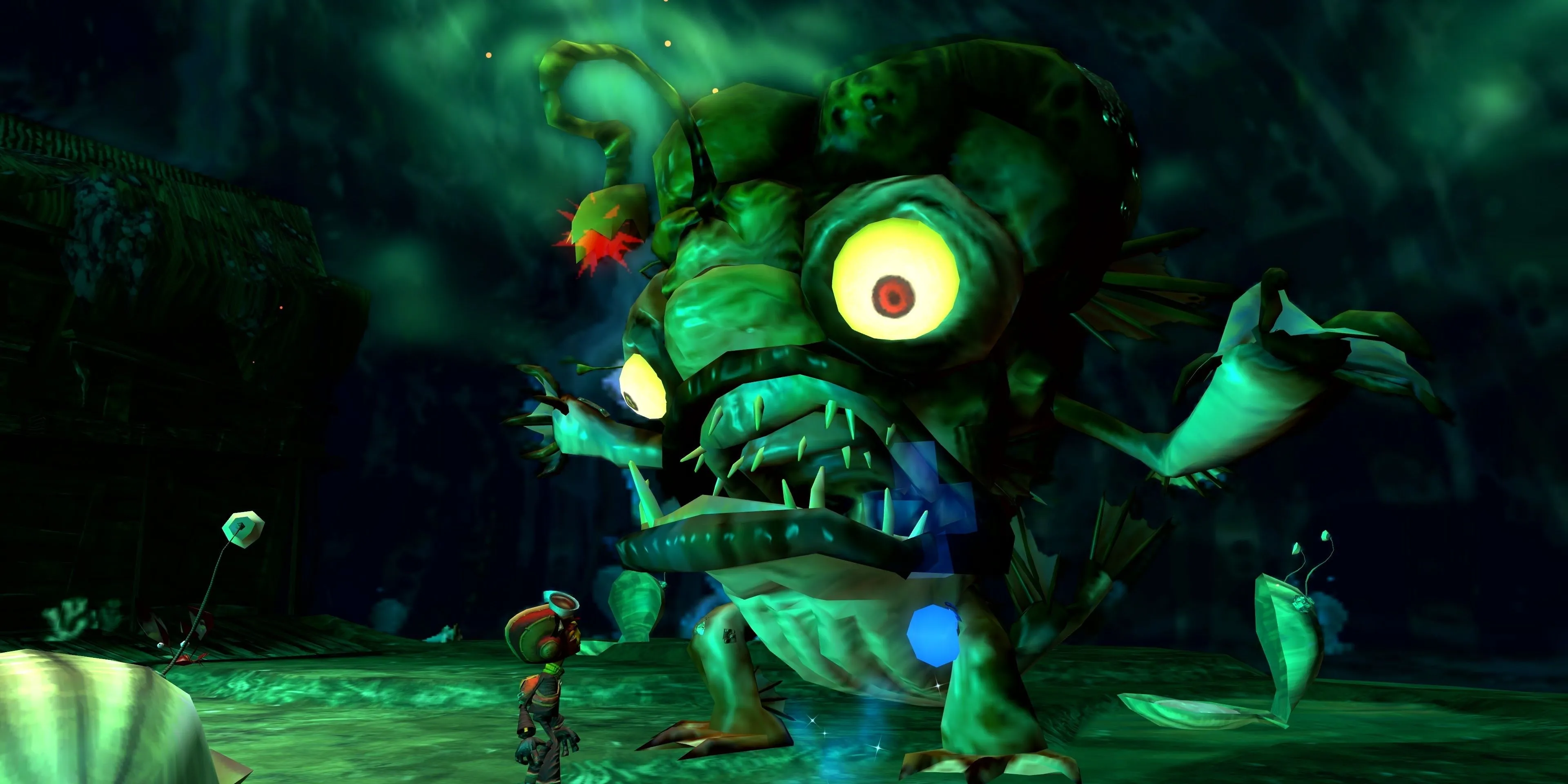 Nhân vật chính Raz nói chuyện với Linda the Lungfish trong game platformer Psychonauts.