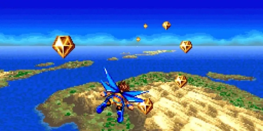 Nhân vật chính Skyblazer đang bay lượn trên không trung trong game SNES