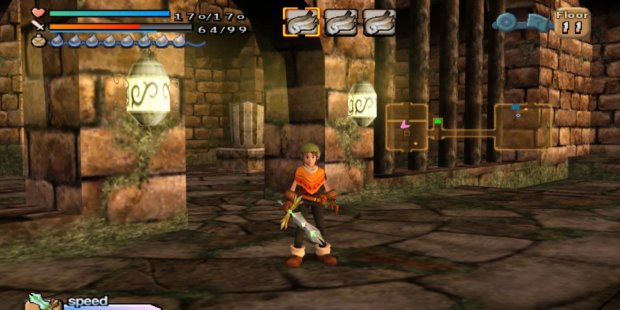 Nhân vật chính trong Dark Cloud PS2 khám phá hầm ngục đơn điệu