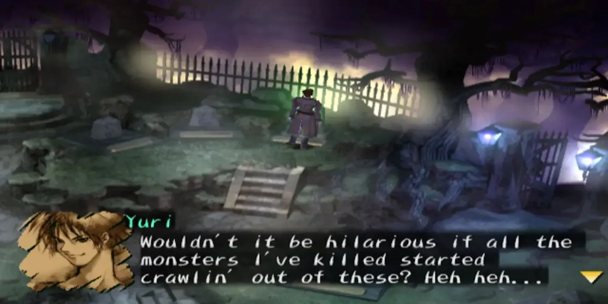 Nhân vật chính Yuri Hyuga và Alice Elliot trong một khung cảnh u tối của game JRPG Shadow Hearts trên PS2