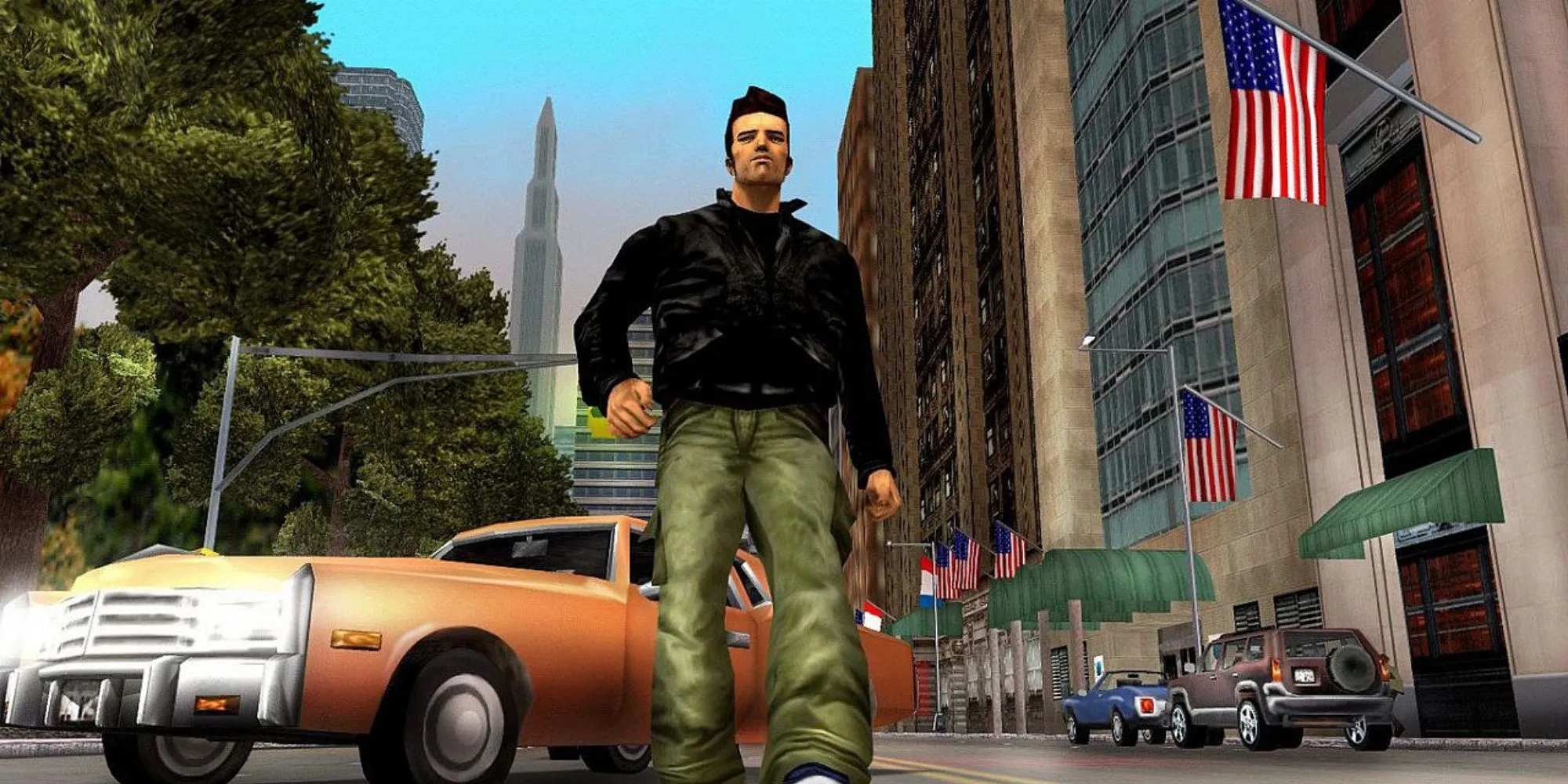 Nhân vật Claude trong Grand Theft Auto III PS2 đứng giữa thành phố Liberty City
