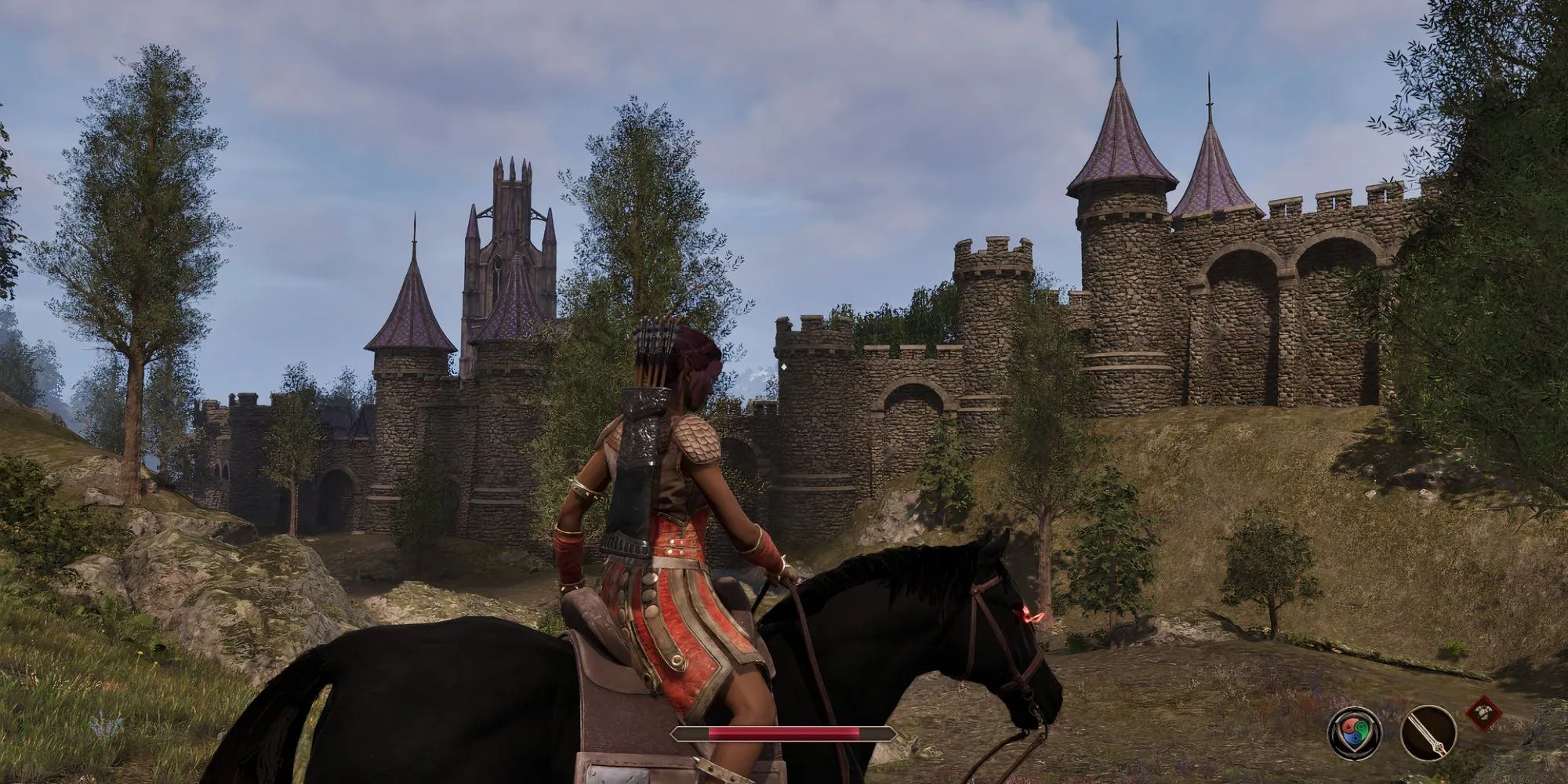 Nhân vật cưỡi ngựa khám phá Cheydinhal trong Oblivion Remastered