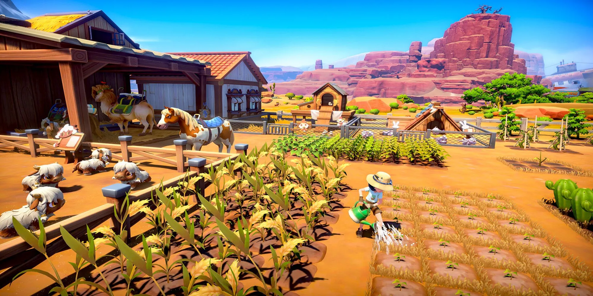 Nhân vật đang làm nông cùng ngựa gần chuồng trong game My Time at Sandrock