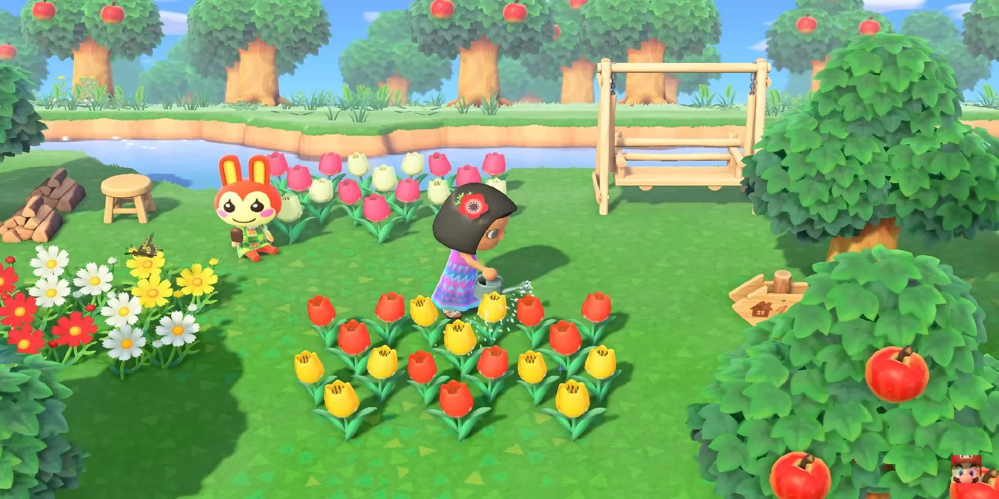 Top 10 Game Sandbox "Cozy" Giúp Bạn Thư Giãn Tuyệt Đối Sau Ngày Dài Mệt Mỏi 1 Nhân vật đang tưới hoa trong game Animal Crossing New Horizons