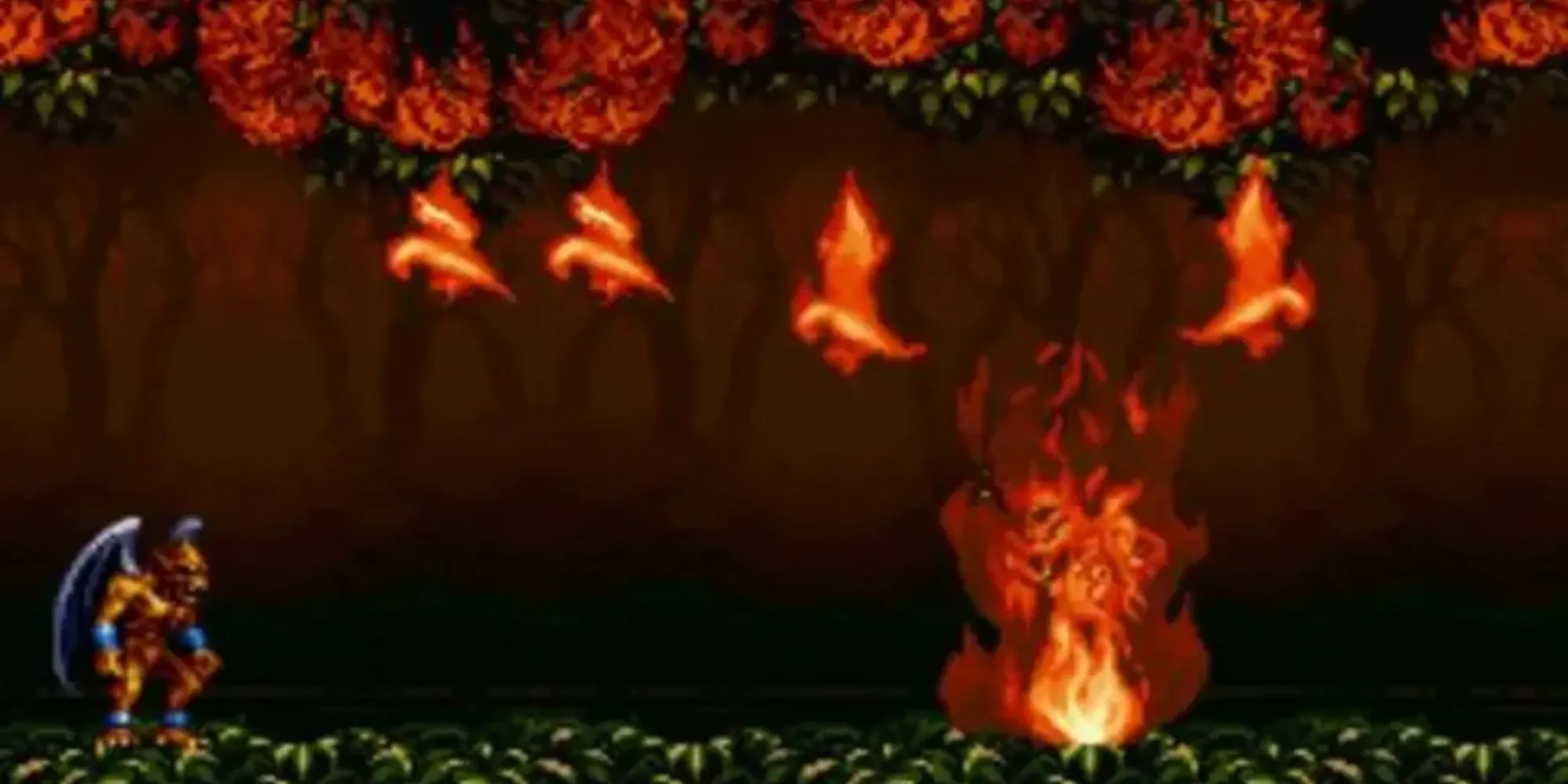 Nhân vật Firebrand đang bay lượn trong môi trường Gothic của game Demon's Crest trên SNES