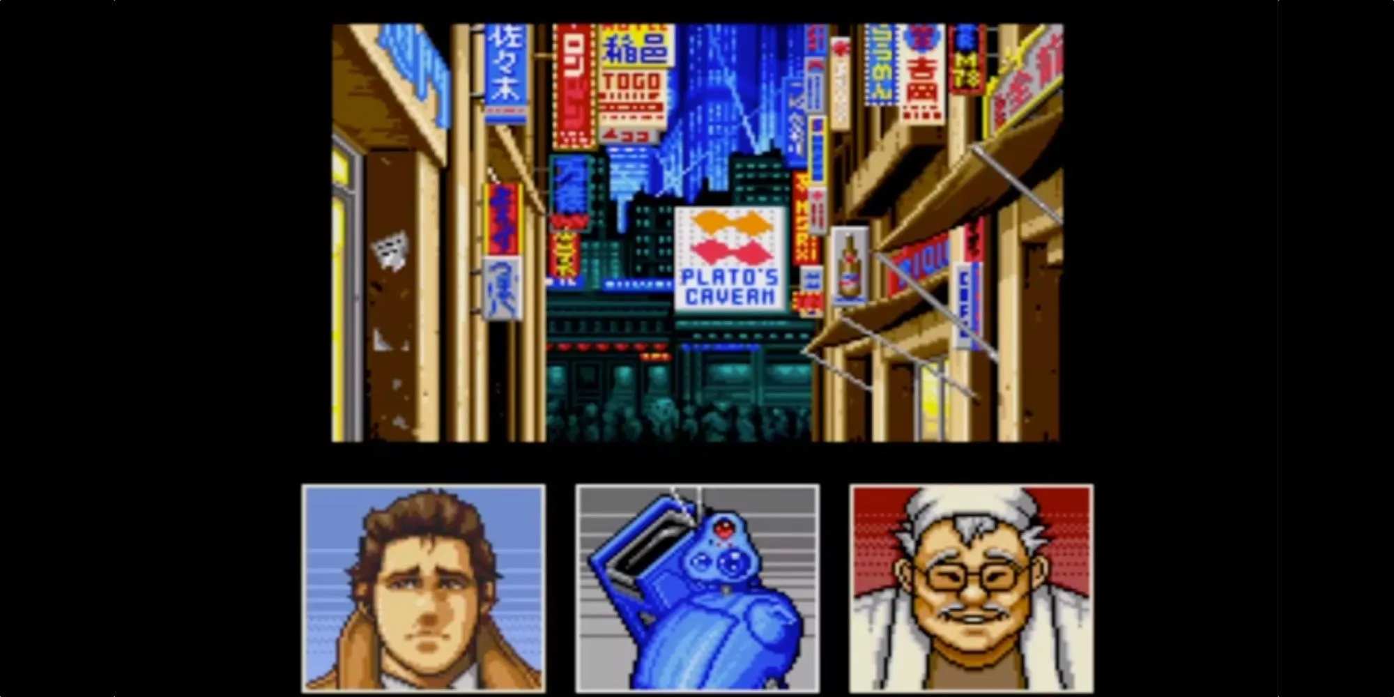 Nhân vật Gillian Seed và người bạn robot trong thành phố tương lai của game Snatcher