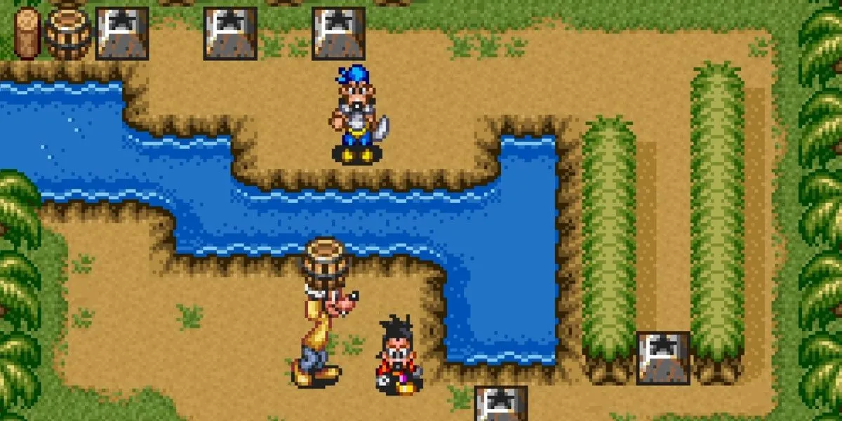 Nhân vật Goofy giữ thùng gỗ trong game giải đố Goof Troop trên SNES