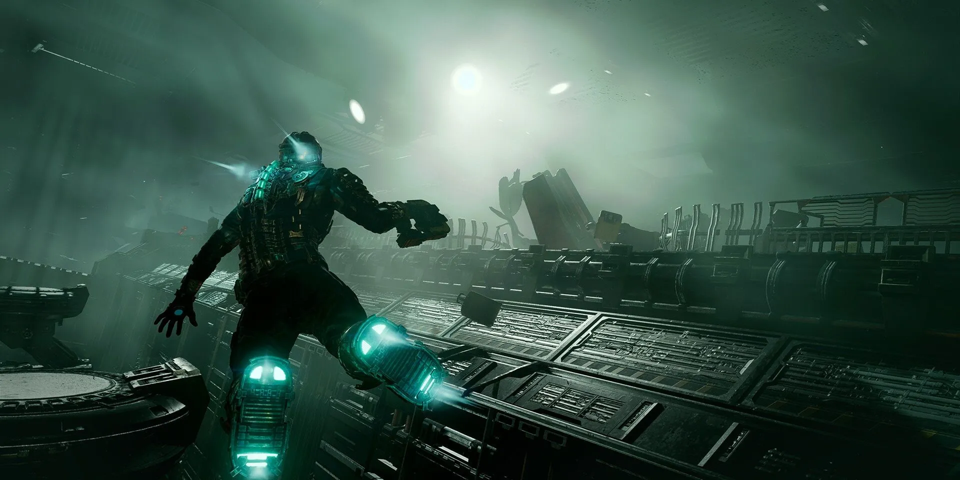 Nhân vật Isaac Clarke lơ lửng trong môi trường không trọng lực trên con tàu Ishimura trong game Dead Space Remake (2023), nơi âm thanh môi trường được tái tạo chi tiết