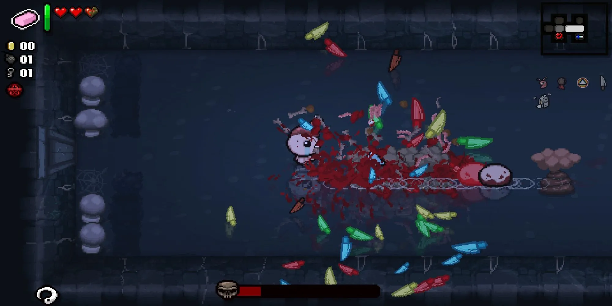 Nhân vật Isaac đang tấn công kẻ thù bằng những giọt nước mắt trong The Binding Of Isaac.