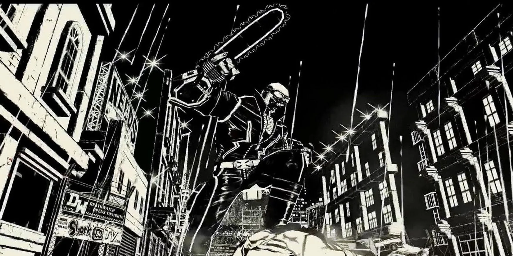 Nhân vật Jack với cưa máy trong game MadWorld đồ họa đen trắng