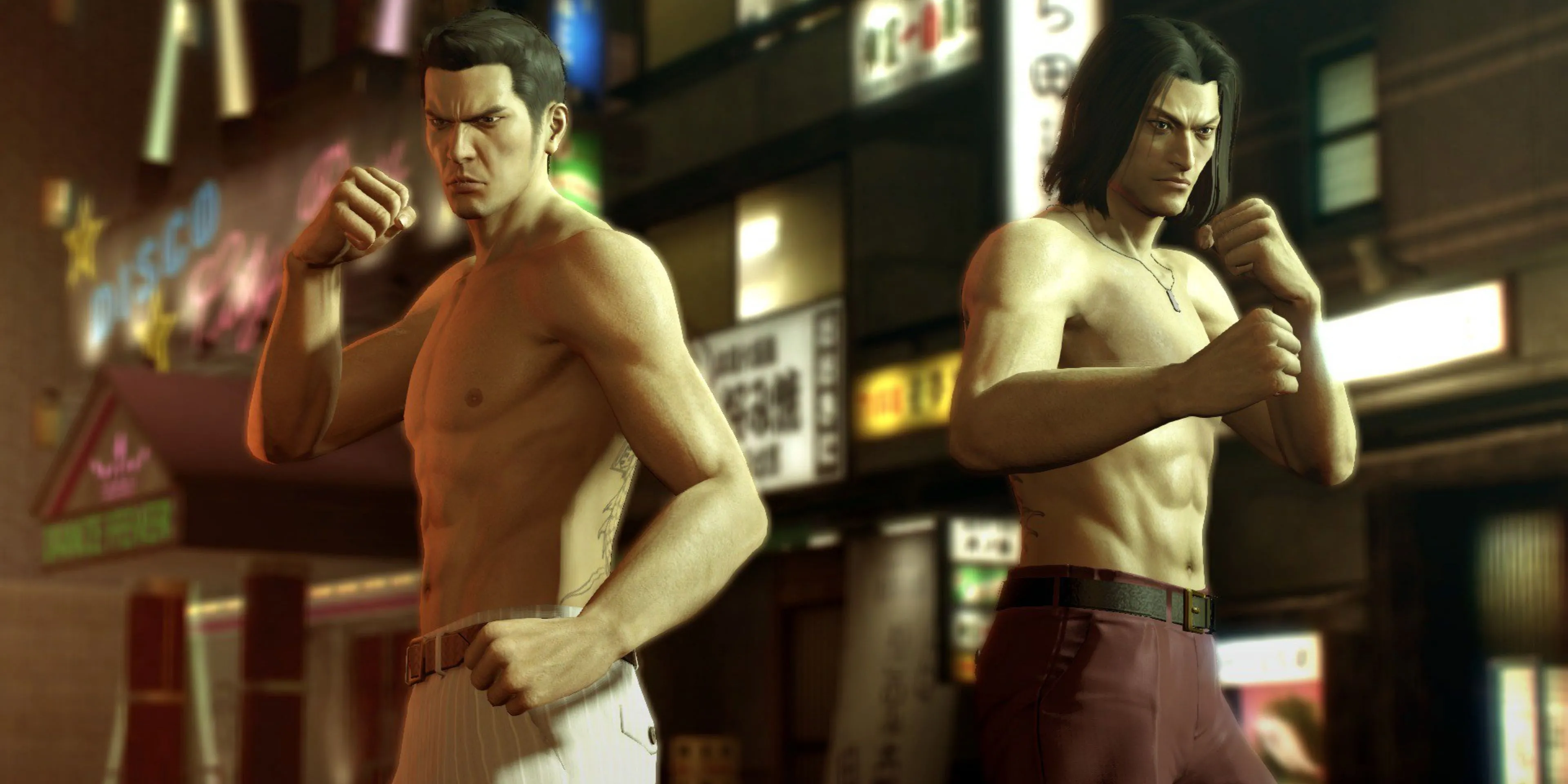 Nhân vật Kiryu Kazuma và Nishikiyama Akira trong một phân cảnh của game Yakuza 0.