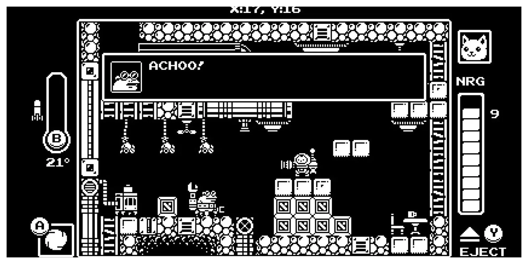 Nhân vật mèo trong bộ giáp robot của Gato Roboto, một game Metroidvania pixel art đen trắng