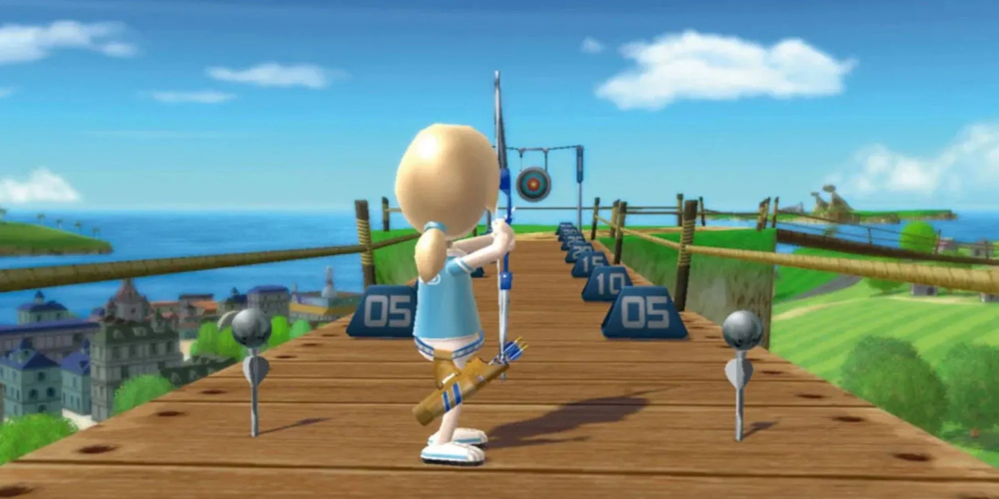 Nhân vật Mii ngắm bắn bia trong môn bắn cung của Wii Sports Resort