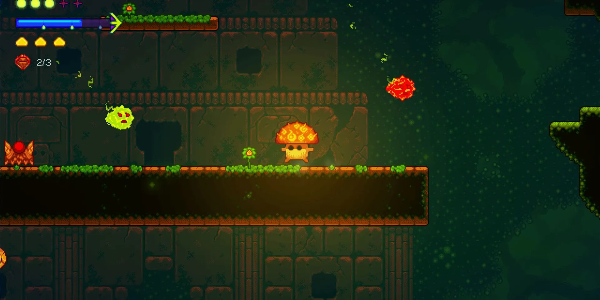 Nhân vật nấm trong Lone Fungus đang di chuyển trên một nền tảng trong môi trường game đầy màu sắc