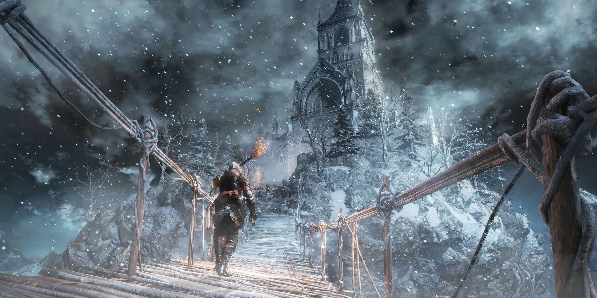 Nhân vật người chơi bị bao phủ bởi băng giá, minh họa cho hiệu ứng bỏng lạnh trong game Soulsborne