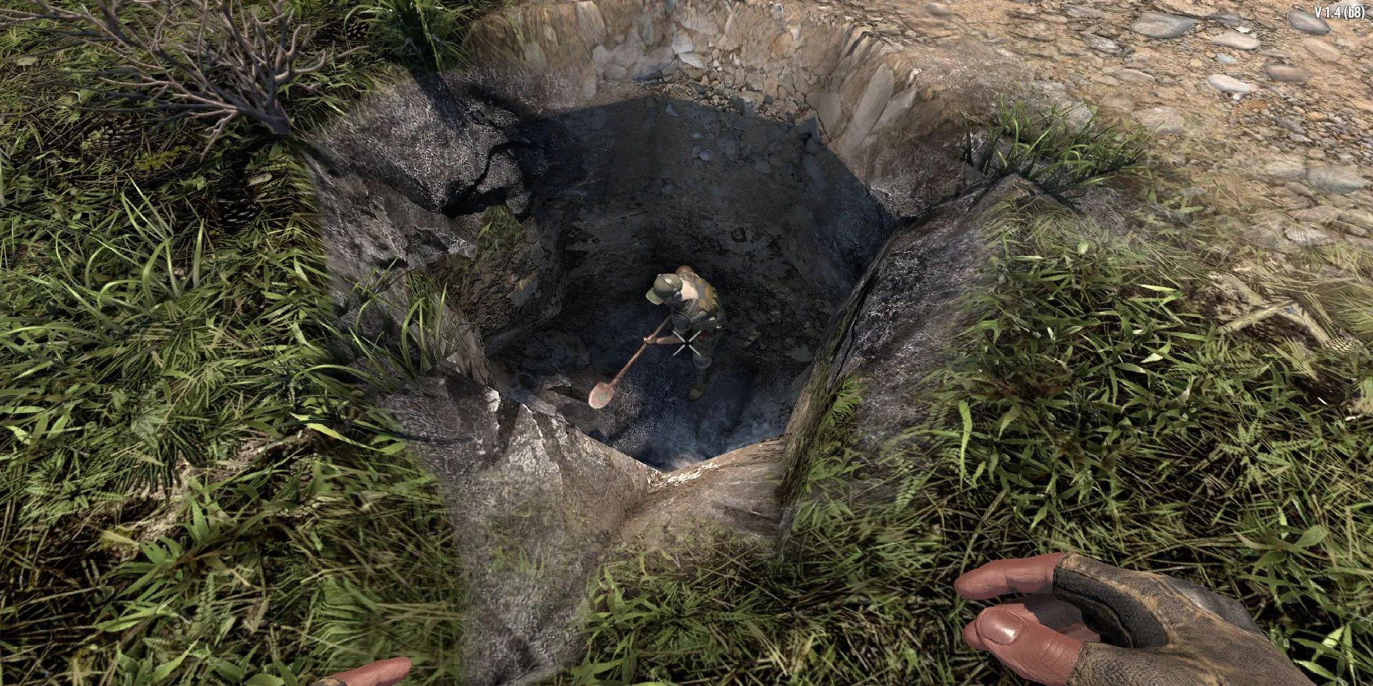 Nhân vật người chơi đang đào tìm kho báu trong 7 Days to Die với kỹ năng Treasure Hunter