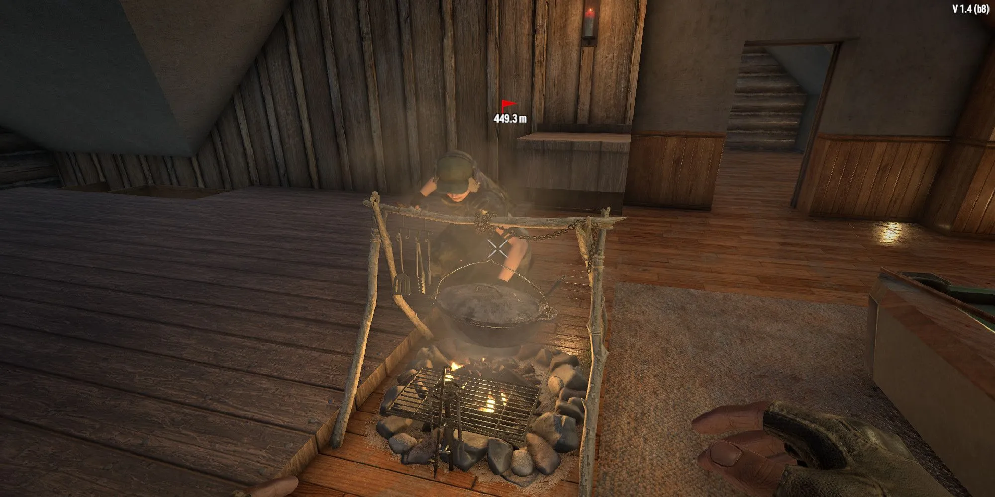 Nhân vật người chơi đang nấu ăn trên bếp lửa trại trong 7 Days to Die với kỹ năng Master Chef