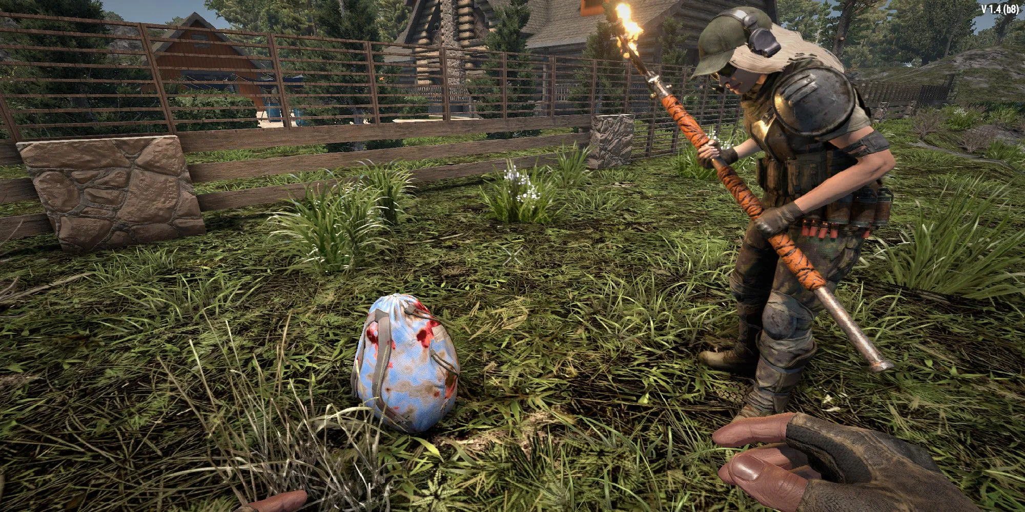 Nhân vật người chơi loot túi đồ rơi ra trong 7 Days to Die với kỹ năng Lucky Looter