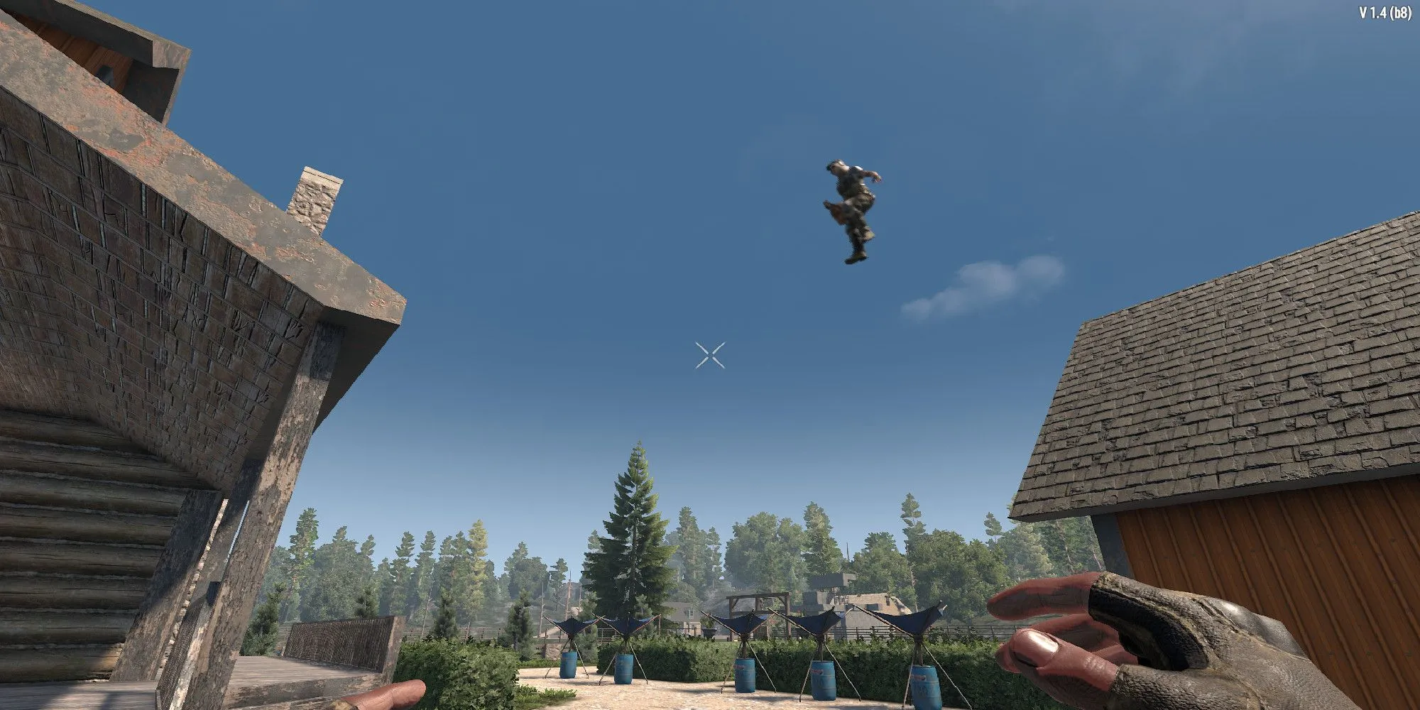 Nhân vật người chơi nhảy từ mái nhà này sang mái nhà khác trong 7 Days to Die với kỹ năng Parkour