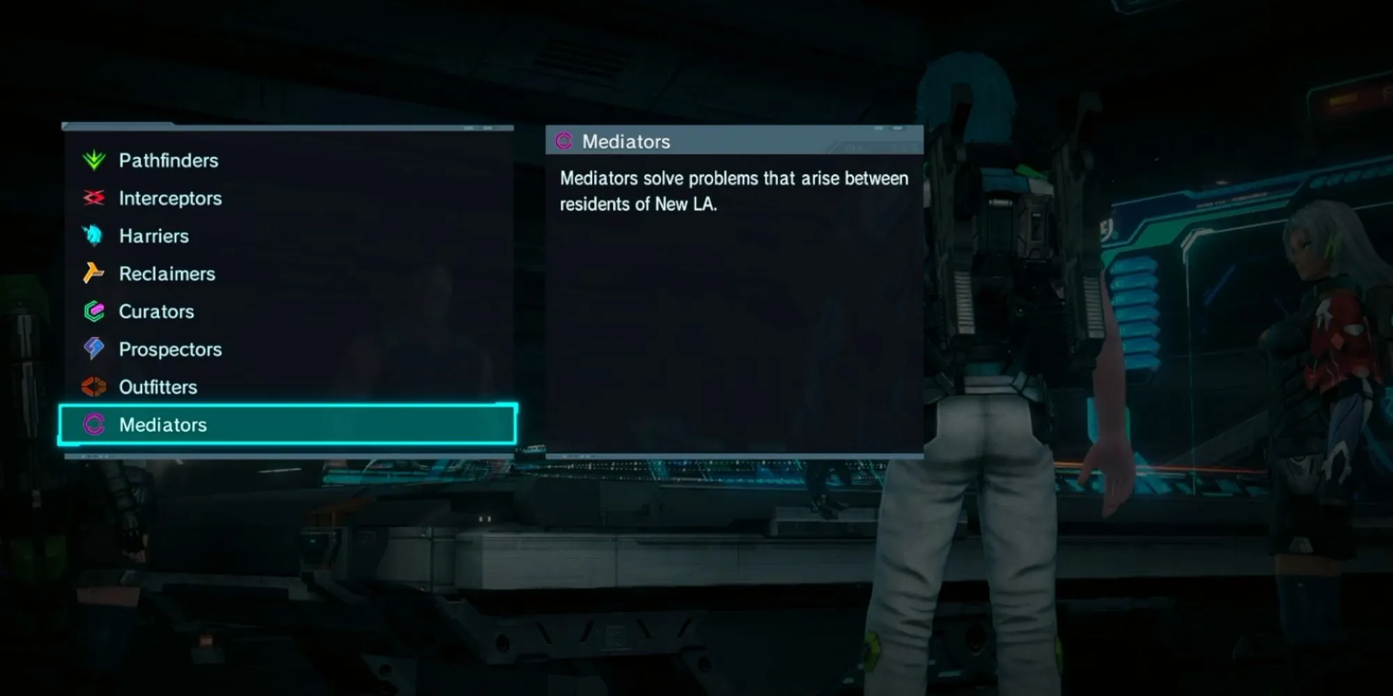 Nhân vật người chơi trong Xenoblade Chronicles X đang chọn một Division từ danh sách tám Division khác nhau.