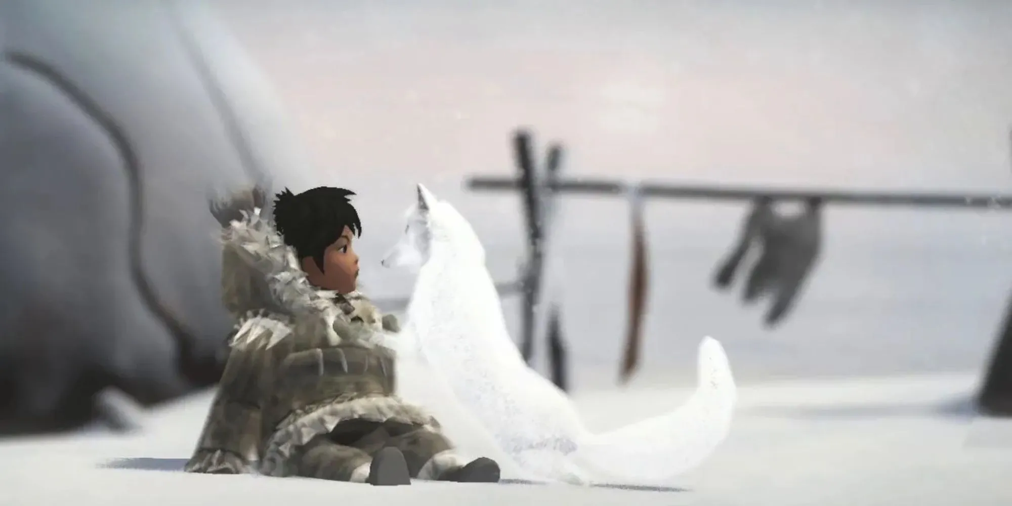Nhân vật nữ Iñupiat và chú cáo trắng trong game Never Alone, bối cảnh bão tuyết khắc nghiệt