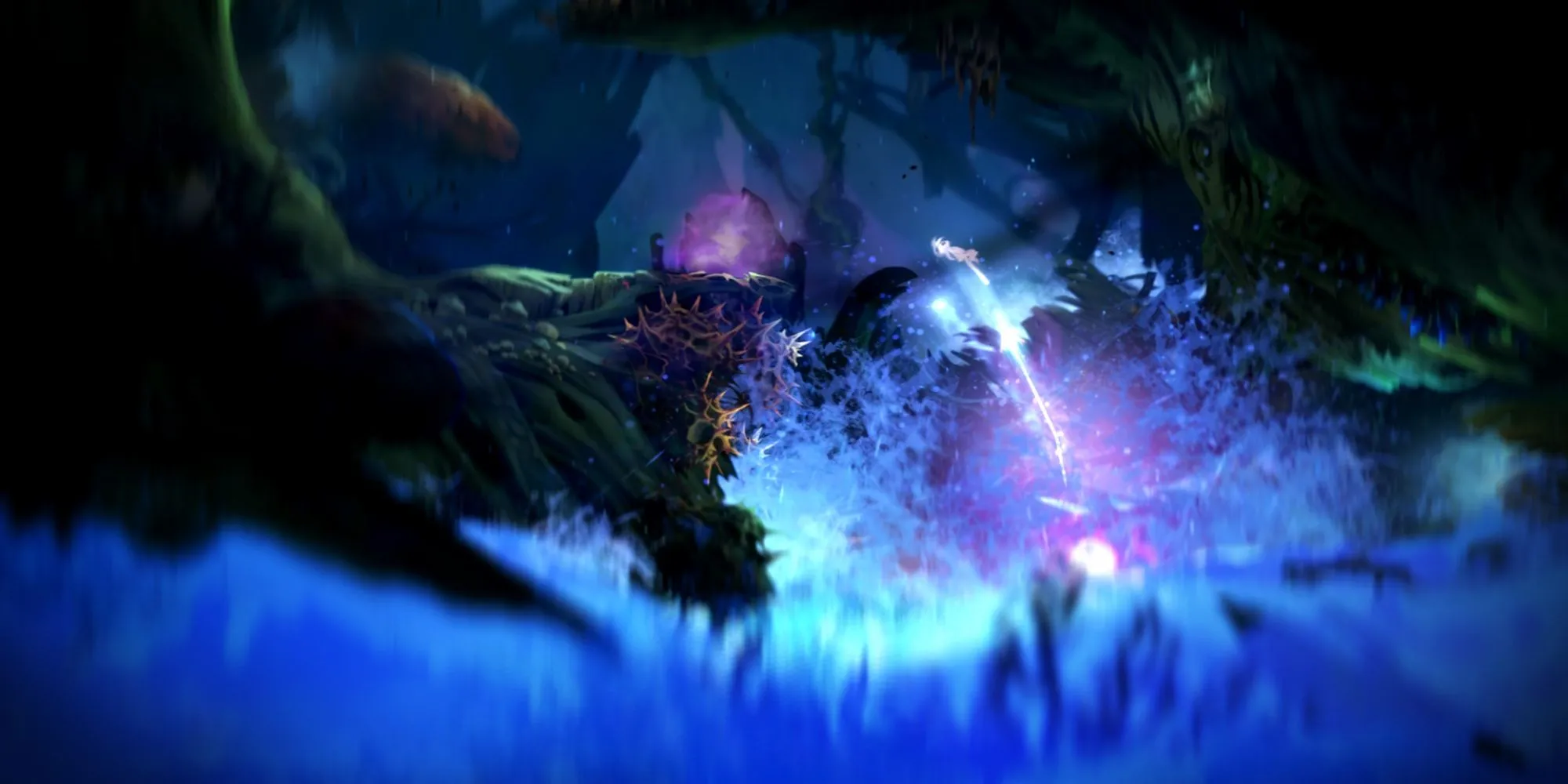 Nhân vật Ori nhỏ bé và phát sáng đang bay lượn trong khu rừng huyền ảo của Ori and the Blind Forest