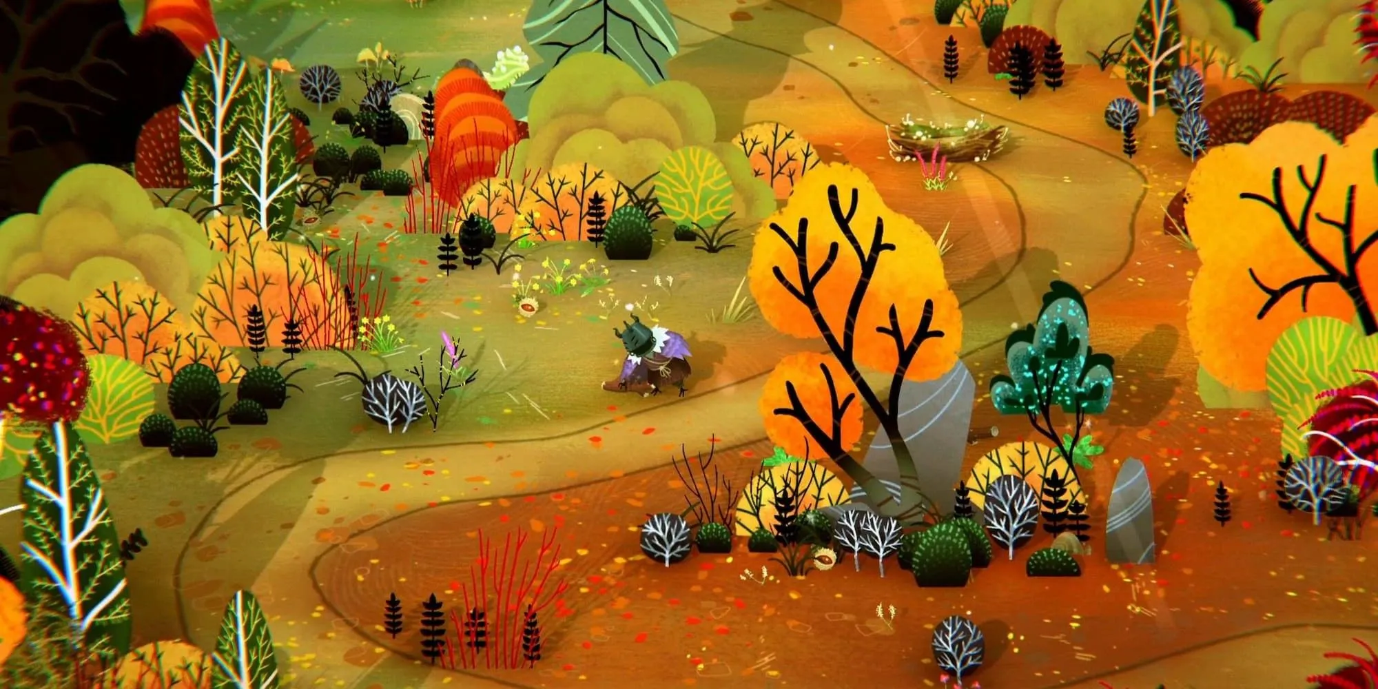 Nhân vật phù thủy đang thu thập gỗ trong rừng ở game Wytchwood