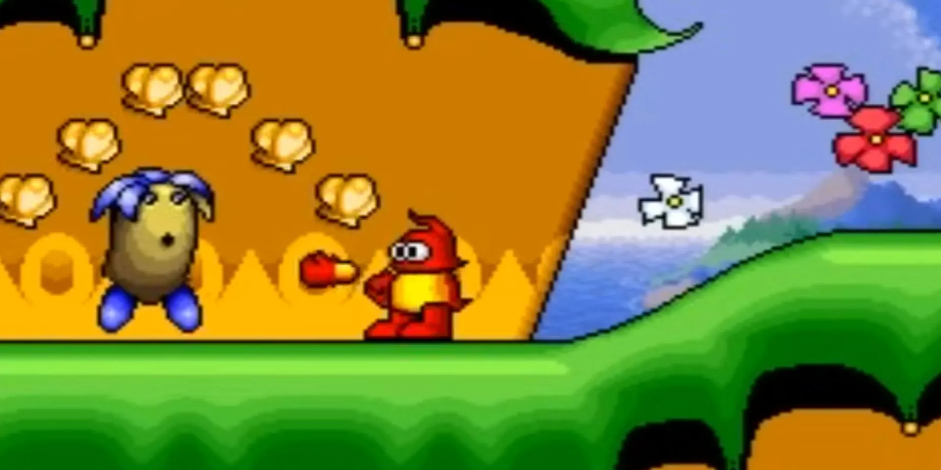 Nhân vật Plok bắn tay tấn công kẻ địch trong game đi cảnh trên SNES