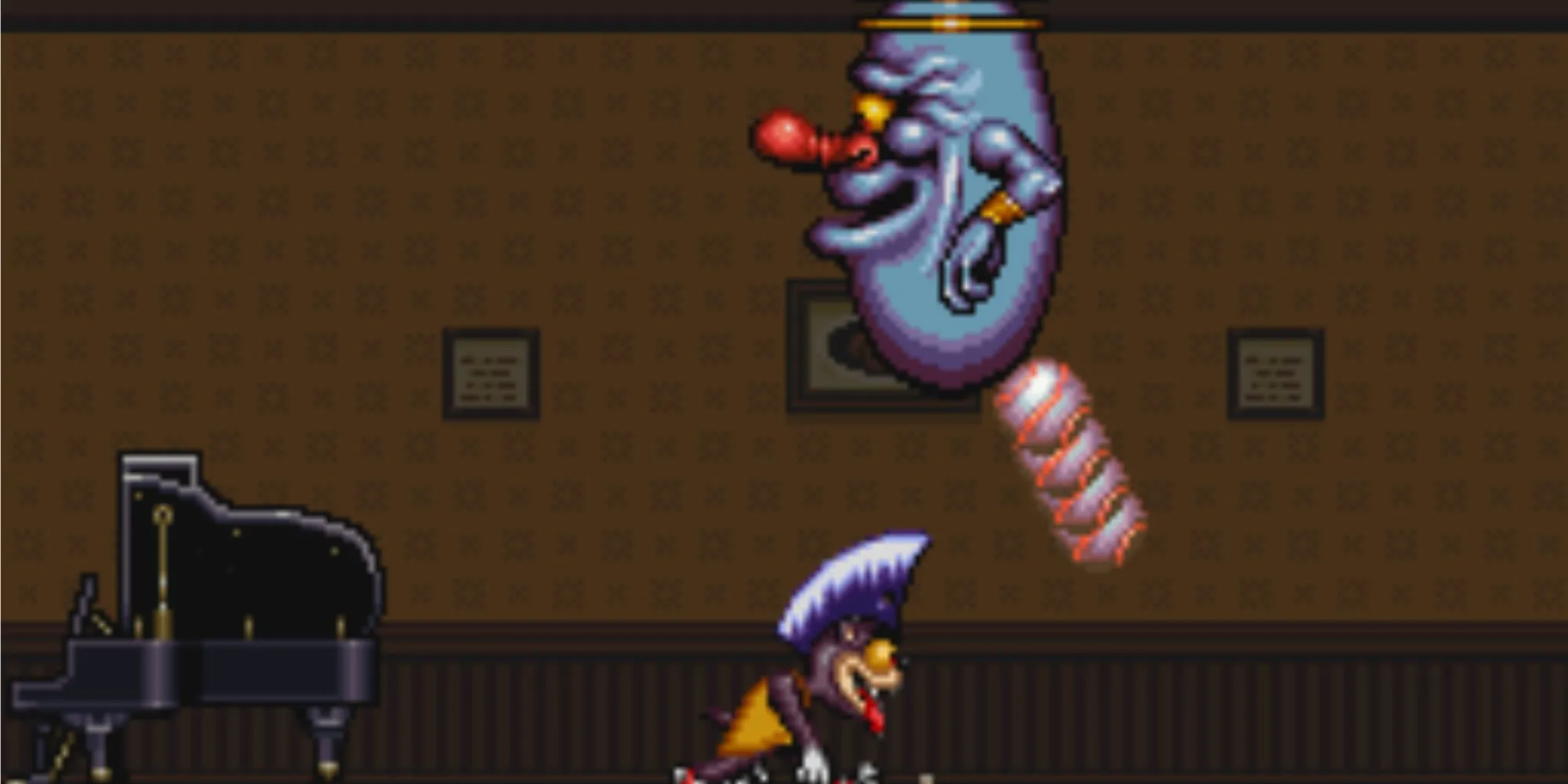 Nhân vật Rocky Rodent với kiểu tóc 'Mohican' đặc trưng trong game platformer trên SNES