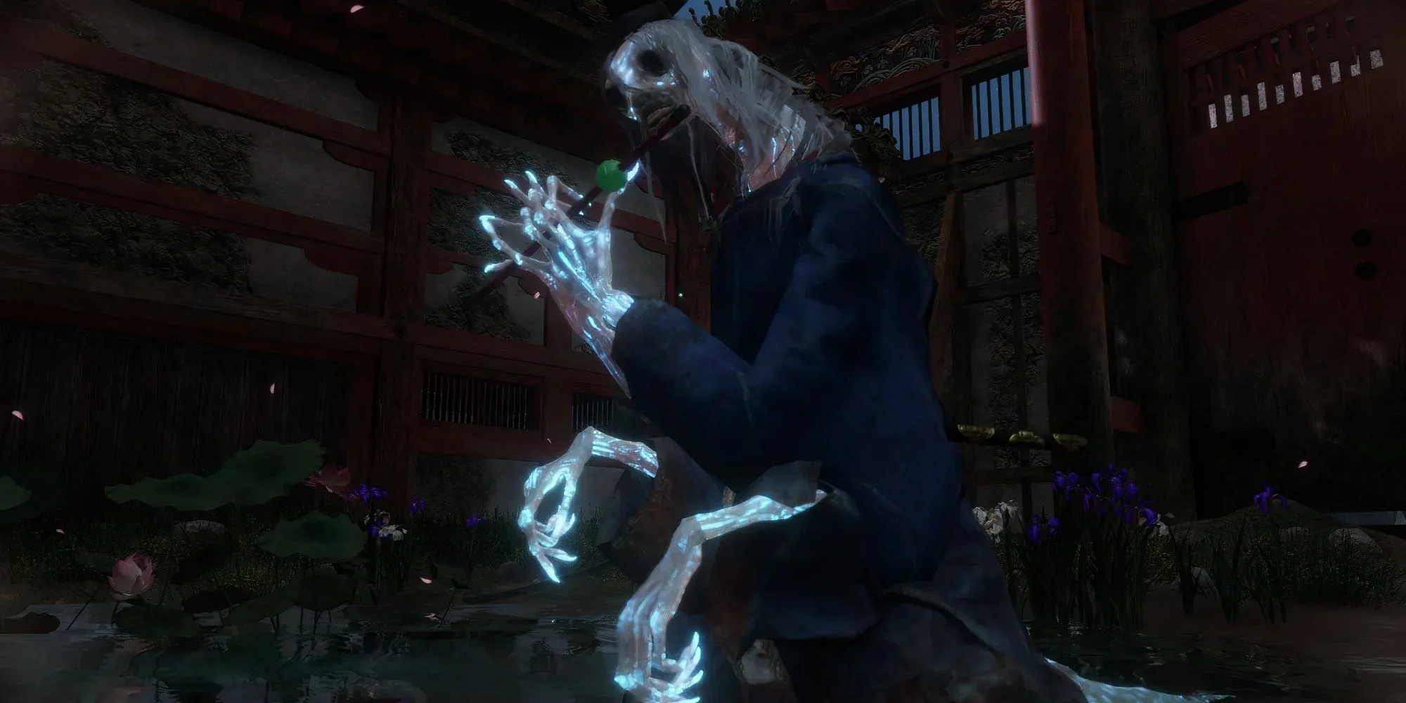 Nhân vật Sekiro bị ảnh hưởng bởi hiệu ứng Suy Yếu, cơ thể khom xuống và di chuyển chậm chạp