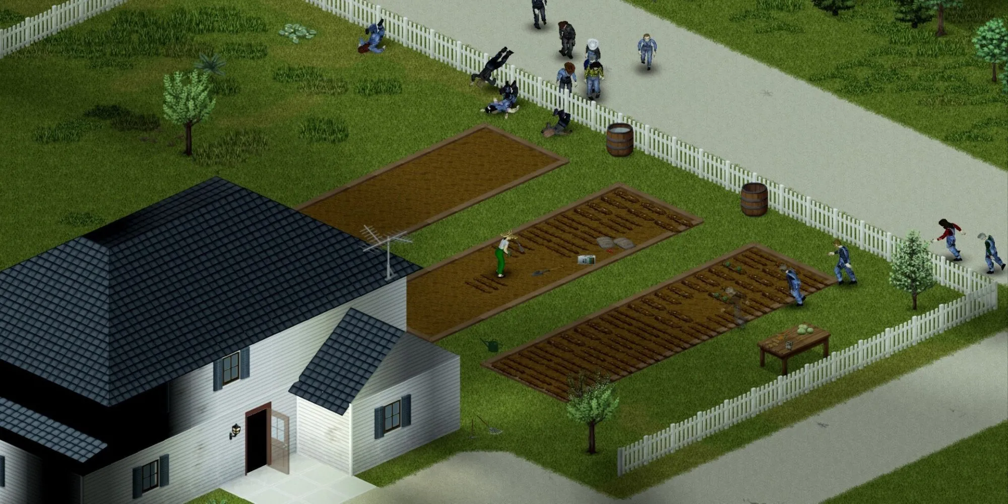Nhân vật sống sót giữa bầy zombie trong game Project Zomboid ở Kentucky