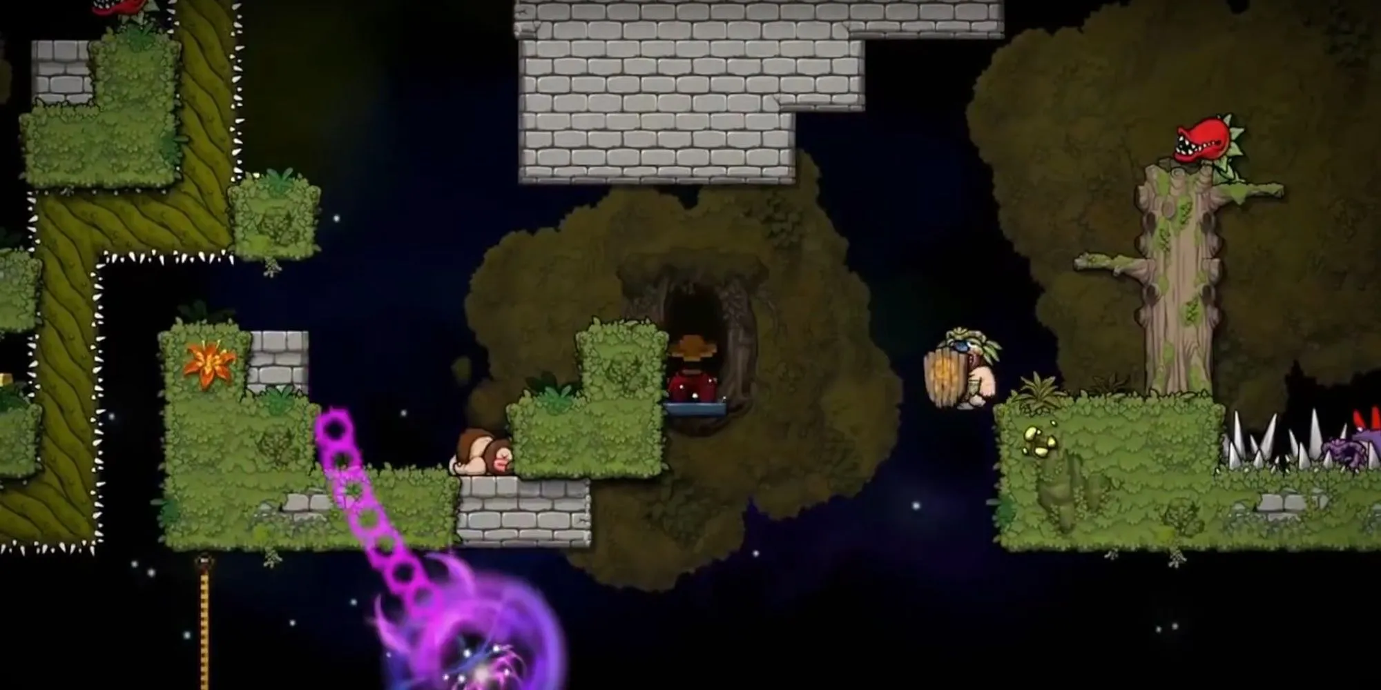 Nhân vật Spelunky đang di chuyển trên một bản đồ đầy cạm bẫy trong Spelunky 2.