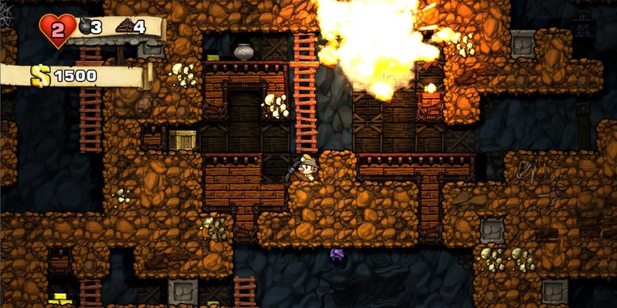 Nhân vật Spelunky khám phá một hang động đầy cạm bẫy và kho báu