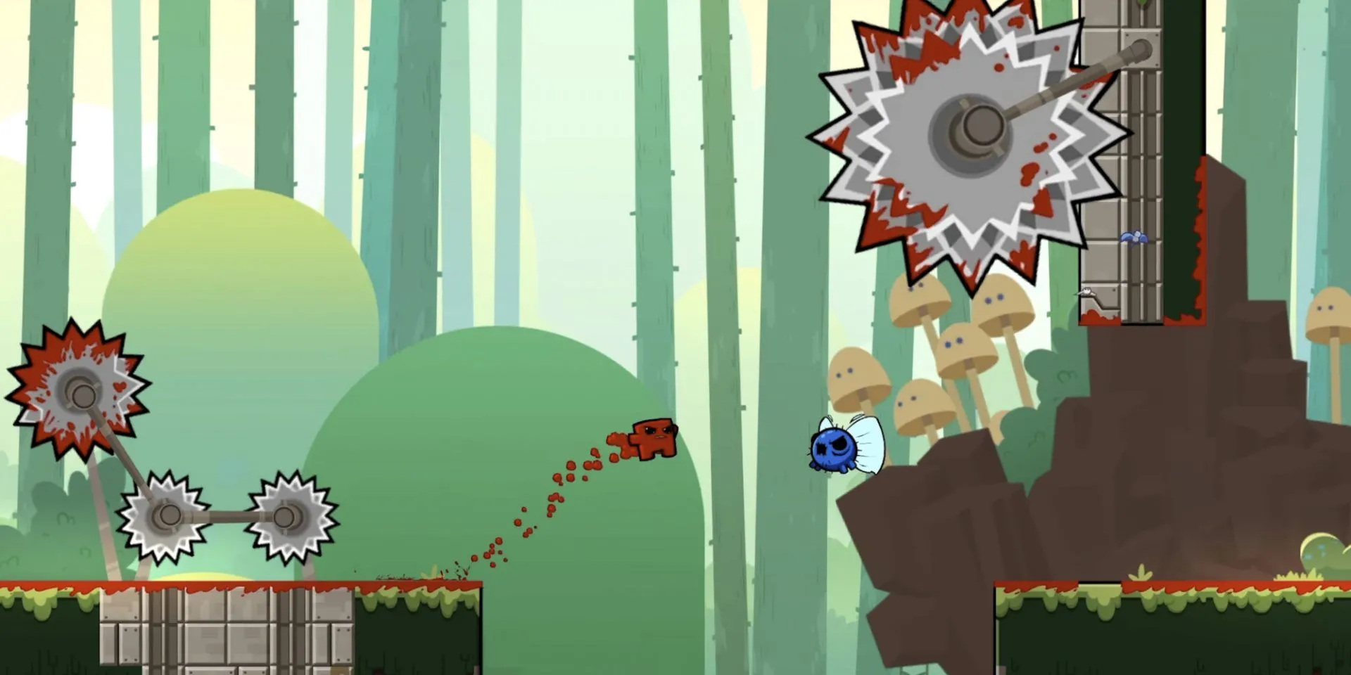 Nhân vật Super Meat Boy đang nhảy qua các lưỡi cưa trong một màn chơi đầy máu me