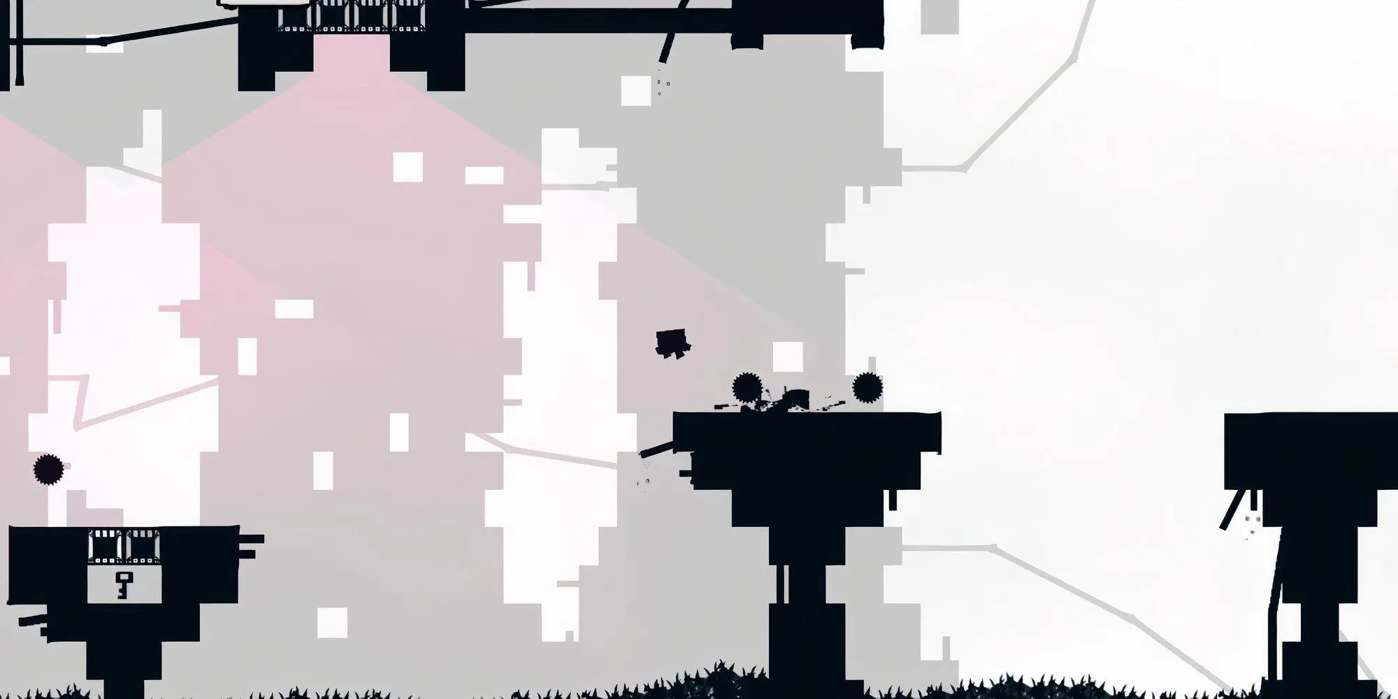 Nhân vật Super Meat Boy đứng gần hai bánh răng cơ khí lớn trên một vị trí cao