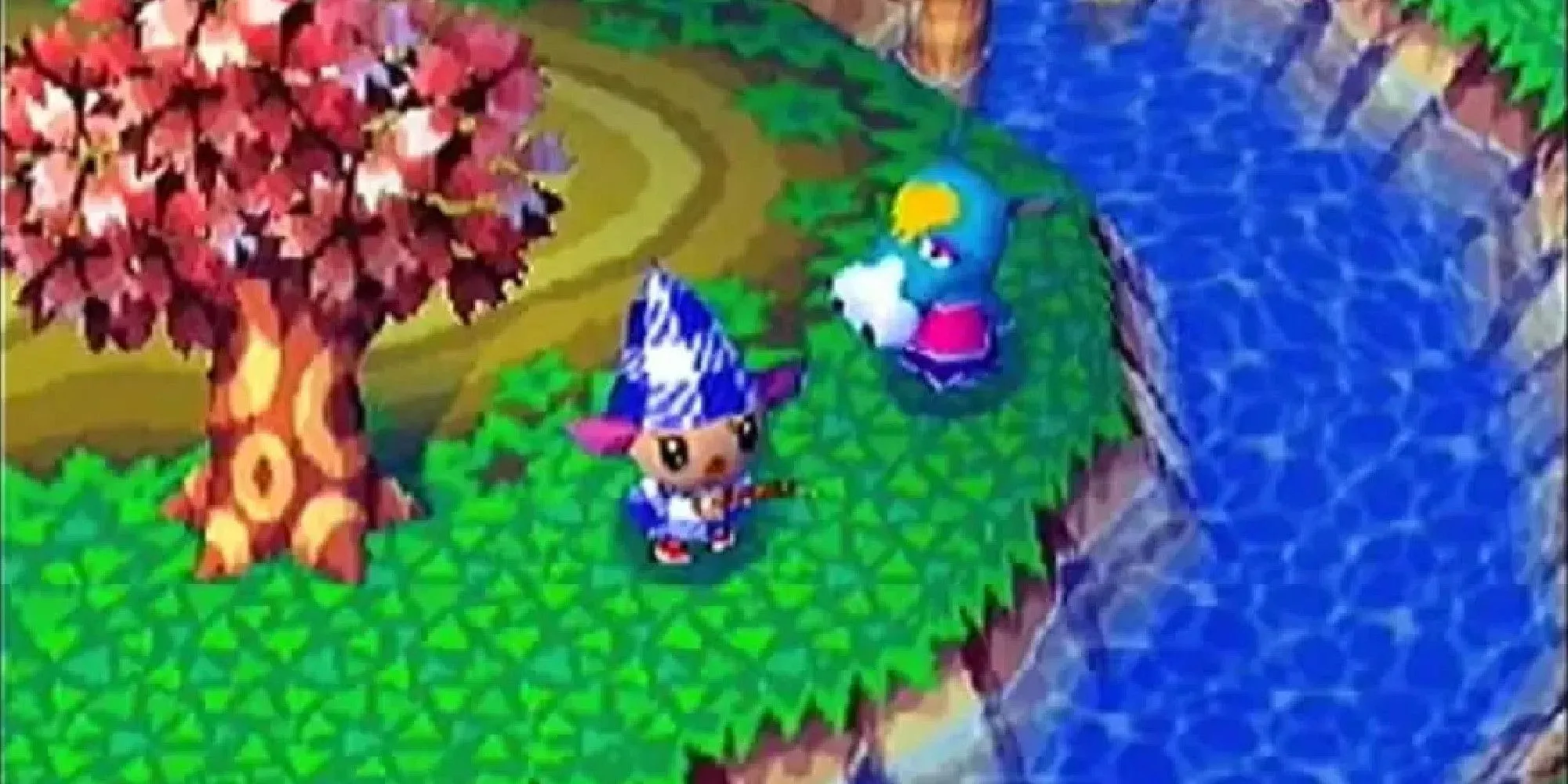 Nhân vật trong Animal Crossing GameCube đang câu cá cạnh một cư dân khác