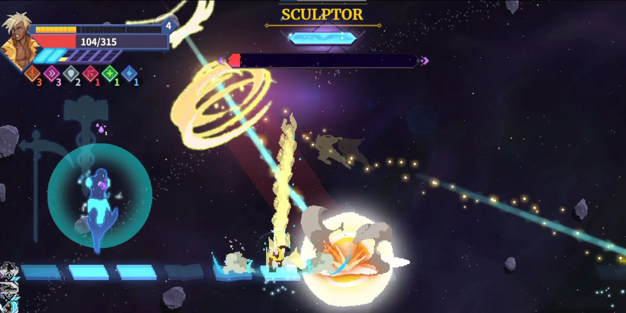Nhân vật trong Astral Ascent đang thực hiện cú nhảy né đòn tấn công của boss The Sculptor